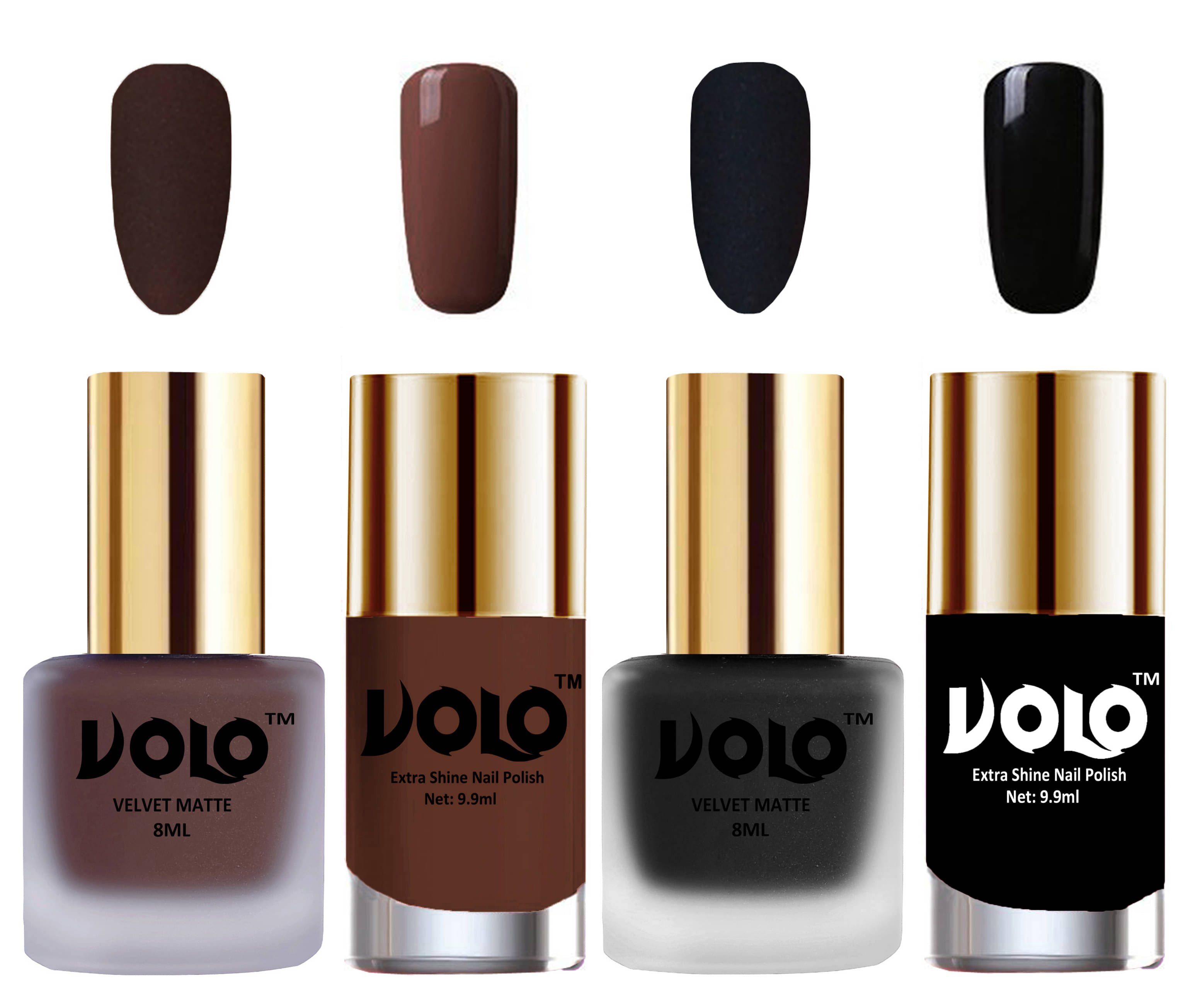 VOLO Extra Shine AND Dull Velvet Matte Nail Polish Brown,Black,Brown, Black Glossy Pack of 4 36 mL VOLO Extra Shine AND Dull Velvet Matte Nail Polish Brown,Black,Brown, Black Glossy Pack of 4 36 mL
