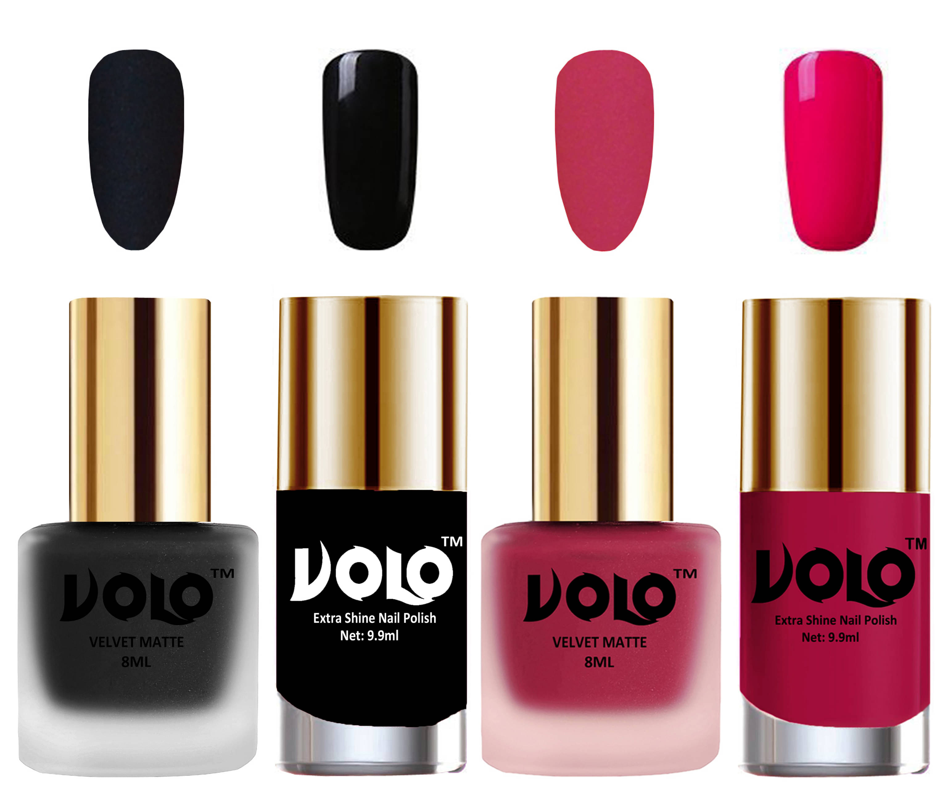 VOLO Extra Shine AND Dull Velvet Matte Nail Polish Black,Pink,Black, Magenta Glossy Pack of 4 36 mL VOLO Extra Shine AND Dull Velvet Matte Nail Polish Black,Pink,Black, Magenta Glossy Pack of 4 36 mL