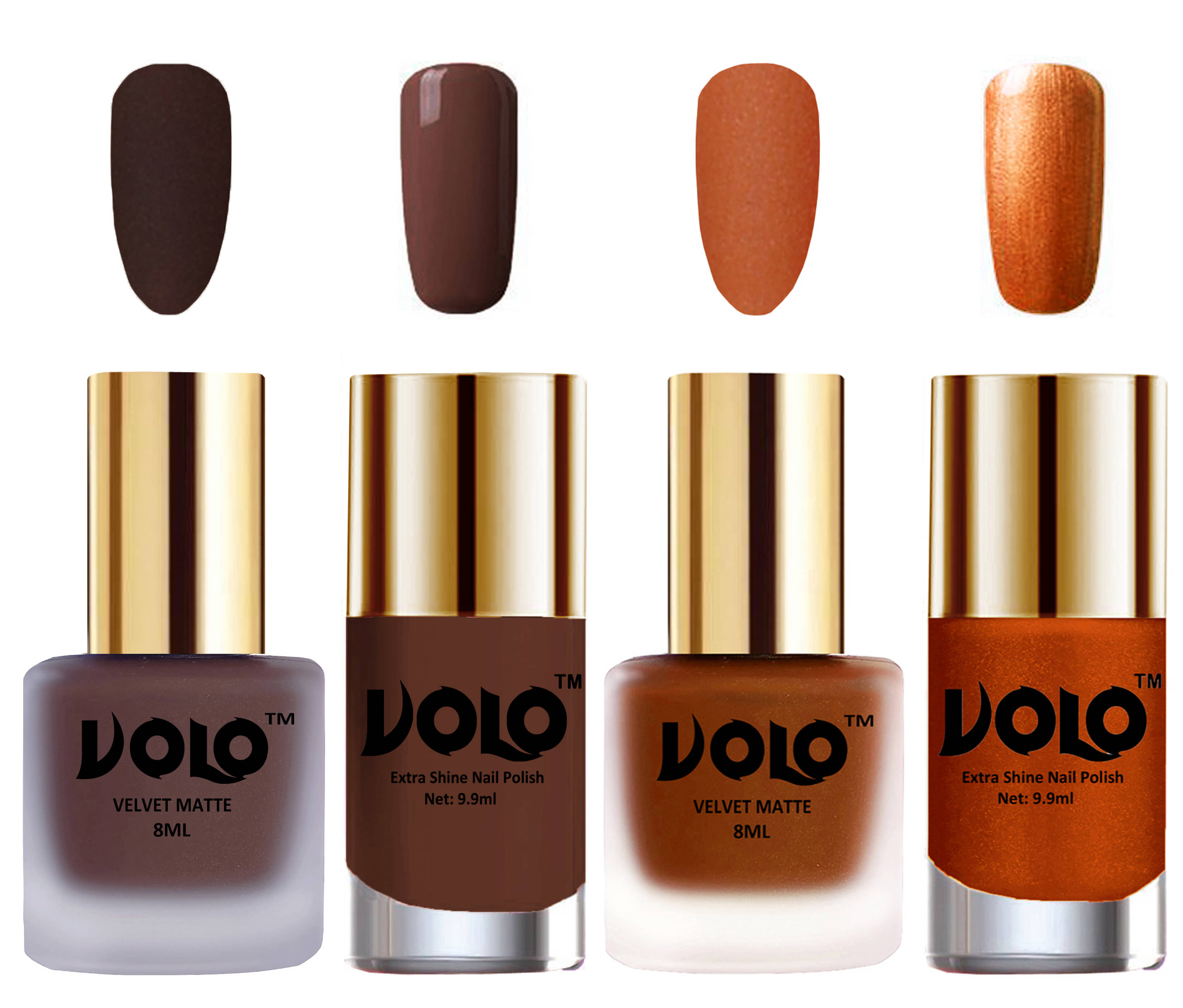     			VOLO Extra Shine AND Dull Velvet Matte Nail Polish Brown,Coral,Brown, Gold Glossy Pack of 4 36 mL