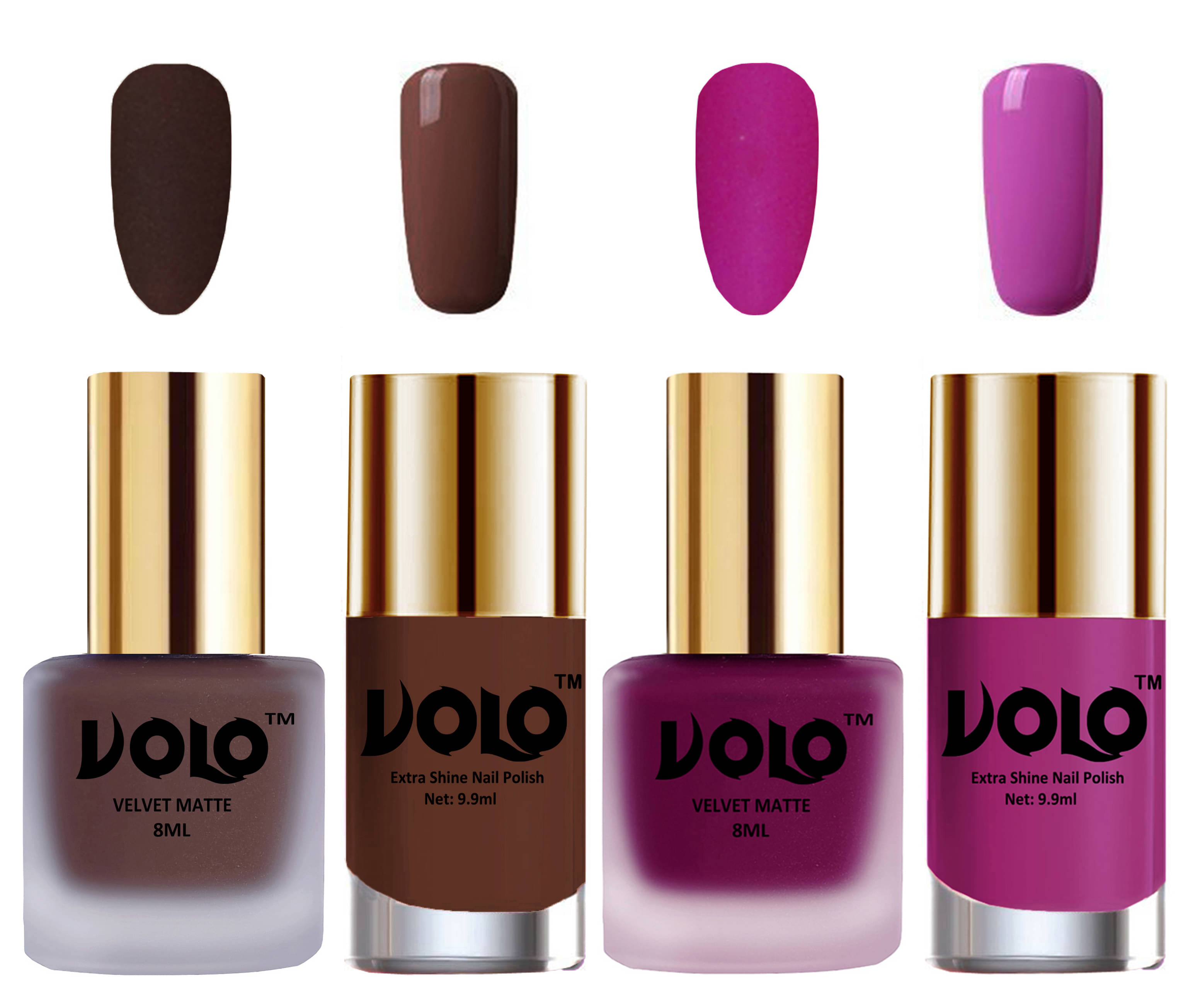 VOLO Extra Shine AND Dull Velvet Matte Nail Polish Brown,Magenta,Brown, Pink Glossy Pack of 4 36 mL VOLO Extra Shine AND Dull Velvet Matte Nail Polish Brown,Magenta,Brown, Pink Glossy Pack of 4 36 mL