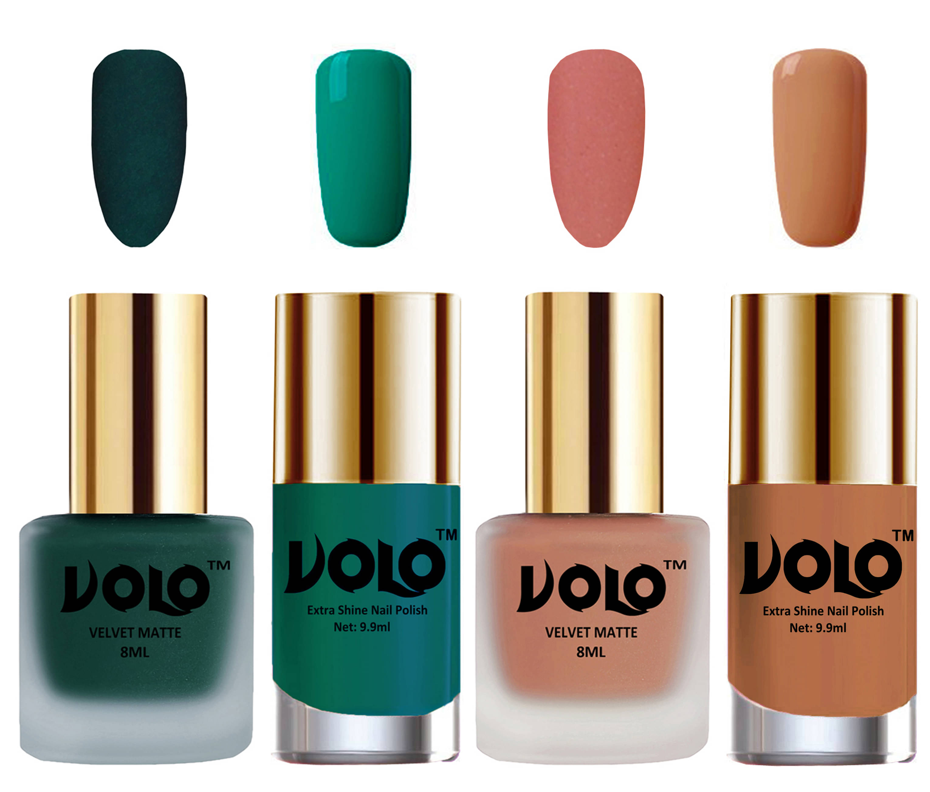 VOLO Extra Shine AND Dull Velvet Matte Nail Polish Green,Peach,Green, Nude Glossy Pack of 4 36 mL VOLO Extra Shine AND Dull Velvet Matte Nail Polish Green,Peach,Green, Nude Glossy Pack of 4 36 mL