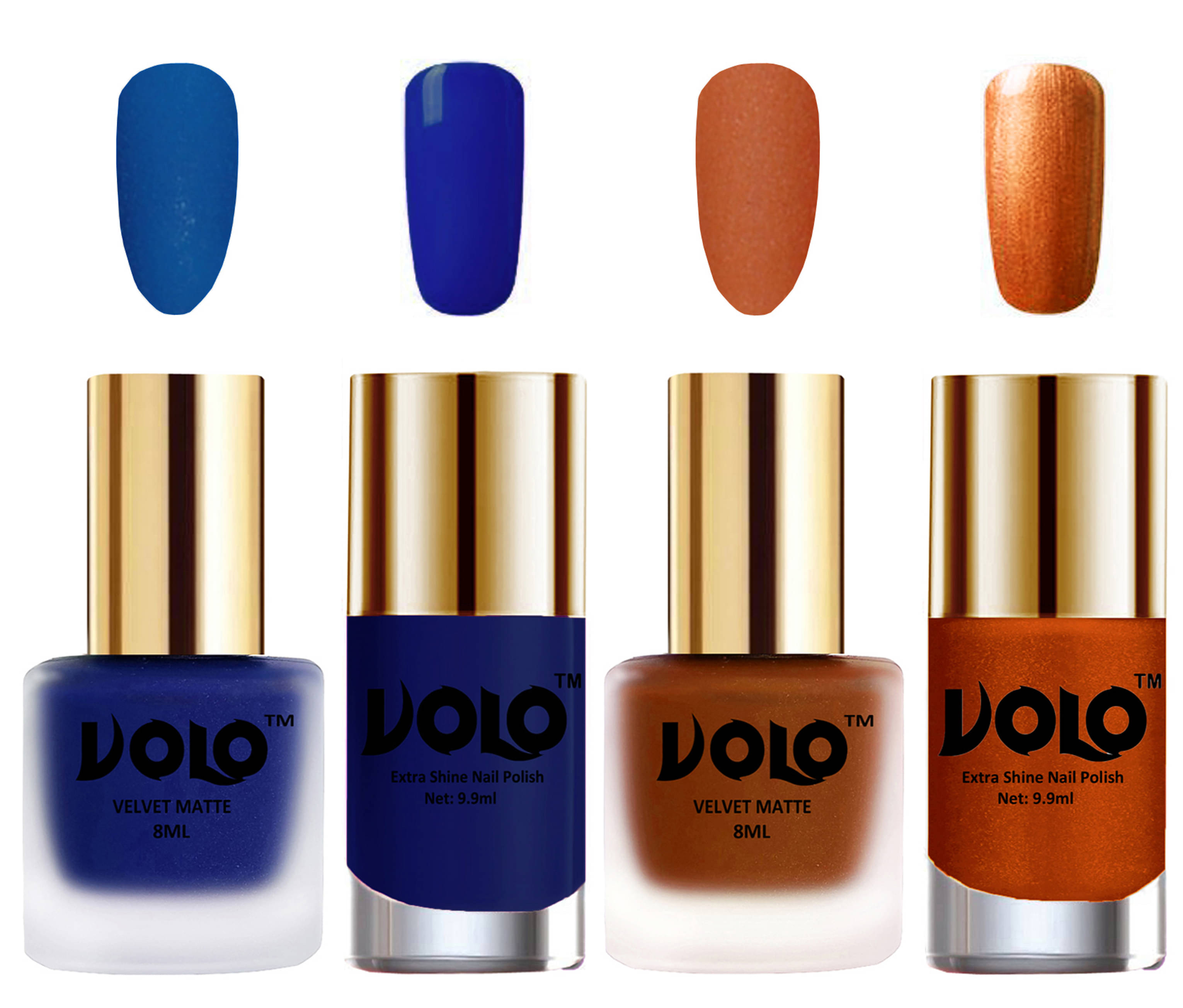     			VOLO Extra Shine AND Dull Velvet Matte Nail Polish Blue,Coral,Blue, Gold Glossy Pack of 4 36 mL