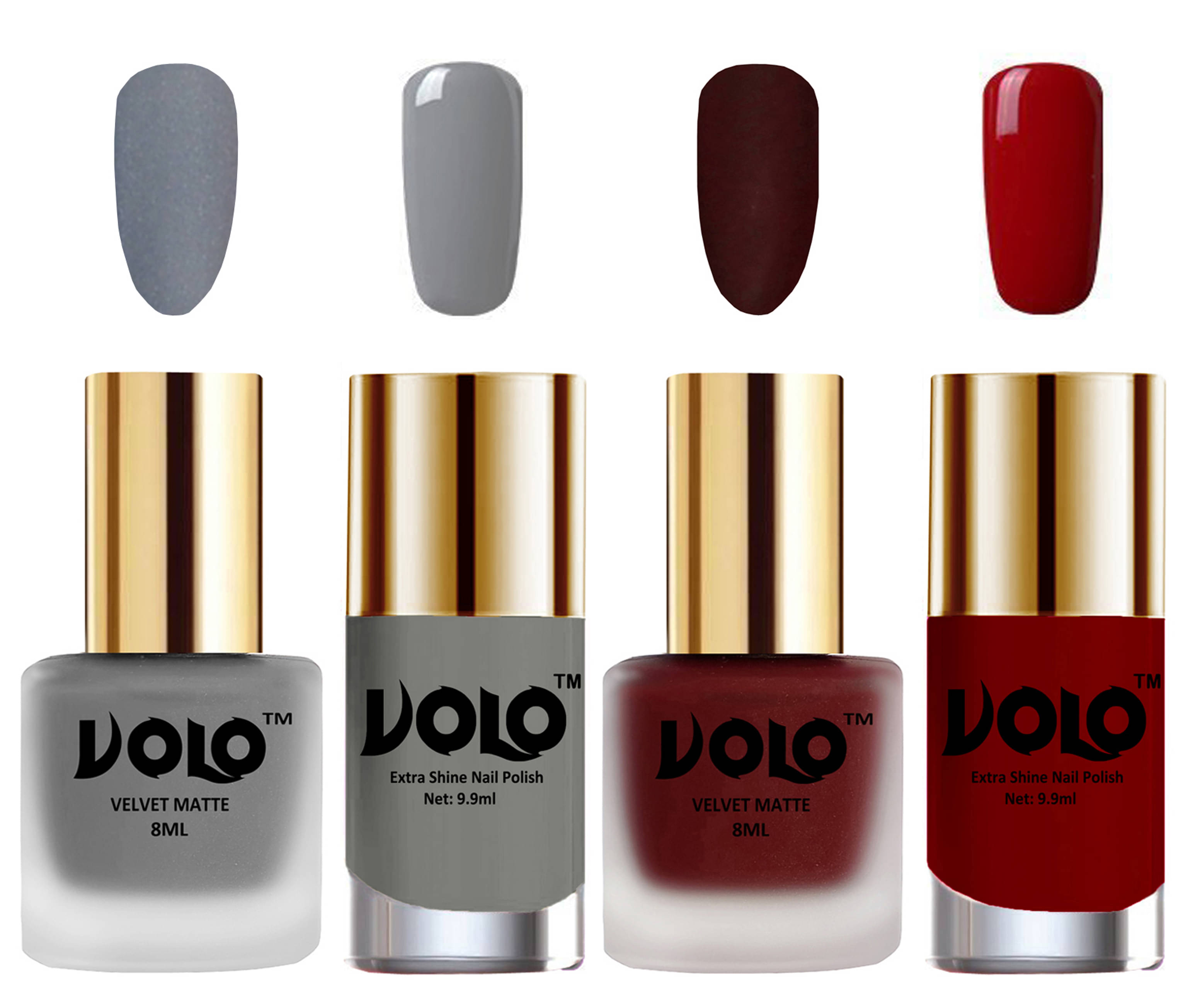     			VOLO Extra Shine AND Dull Velvet Matte Nail Polish Grey,Maroon,Grey, Red Glossy Pack of 4 36 mL