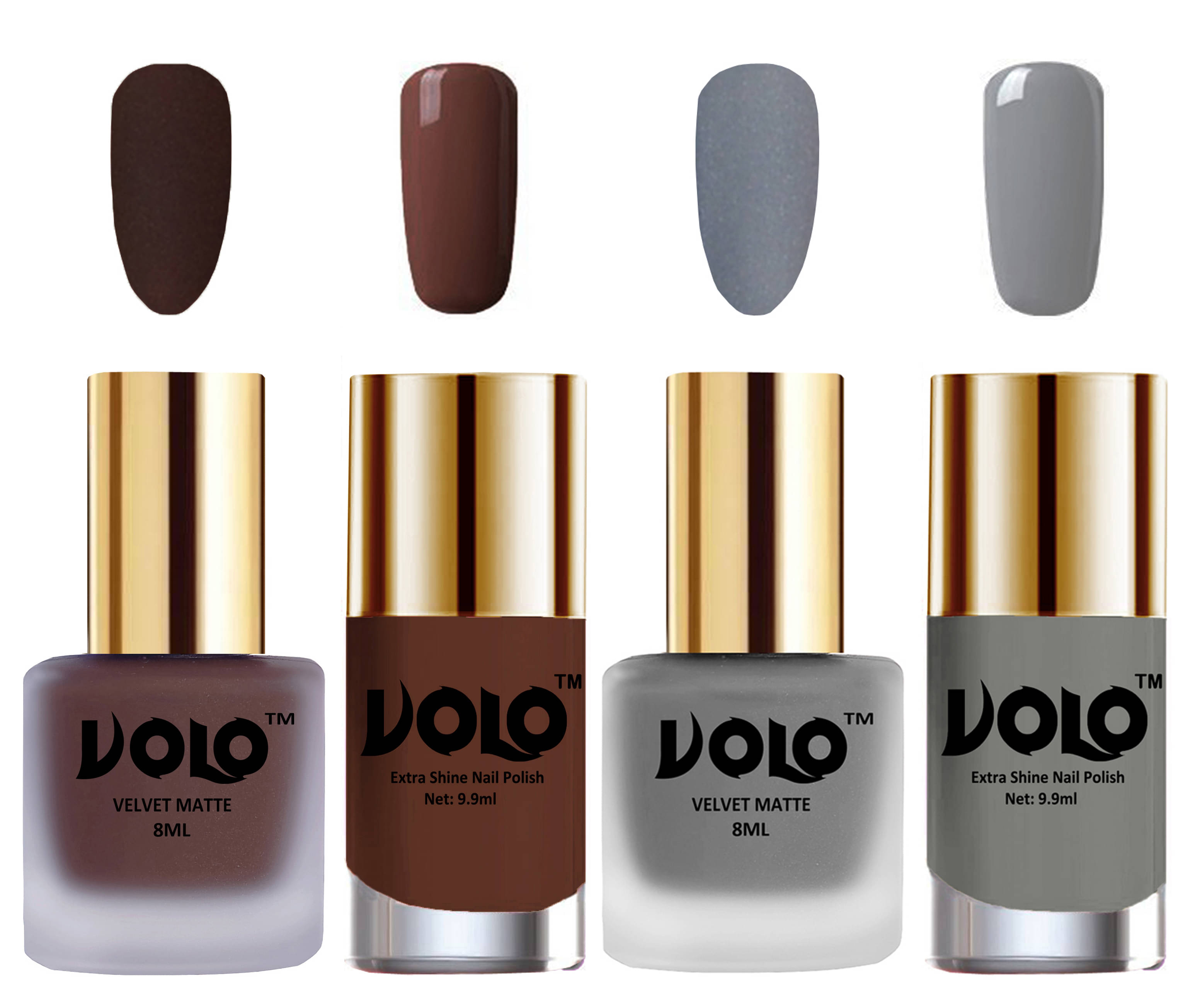 VOLO Extra Shine AND Dull Velvet Matte Nail Polish Brown,Grey,Brown, Grey Glossy Pack of 4 36 mL VOLO Extra Shine AND Dull Velvet Matte Nail Polish Brown,Grey,Brown, Grey Glossy Pack of 4 36 mL