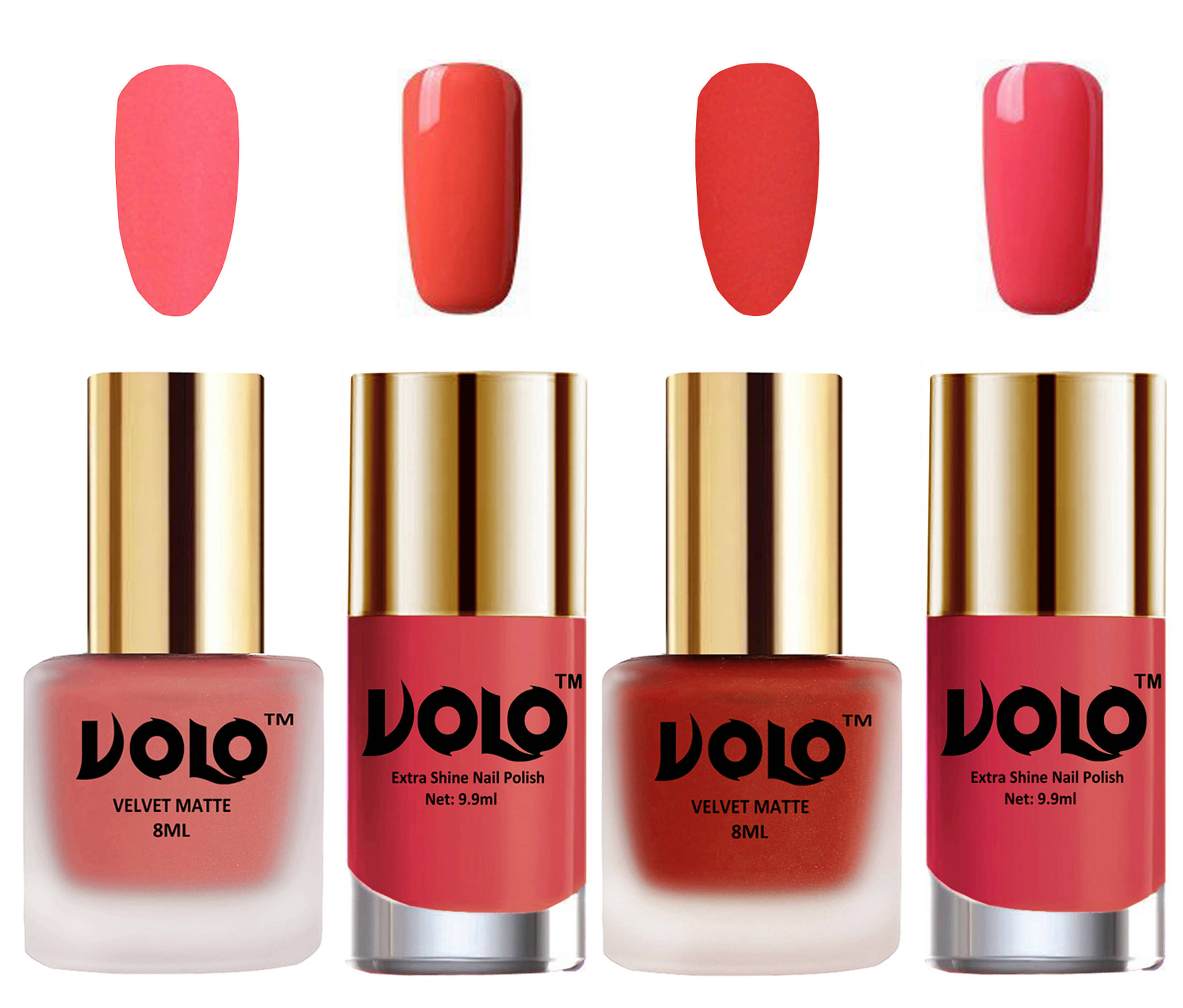    			VOLO Extra Shine AND Dull Velvet Matte Nail Polish Peach,Coral,Peach, Pink Glossy Pack of 4 36 mL