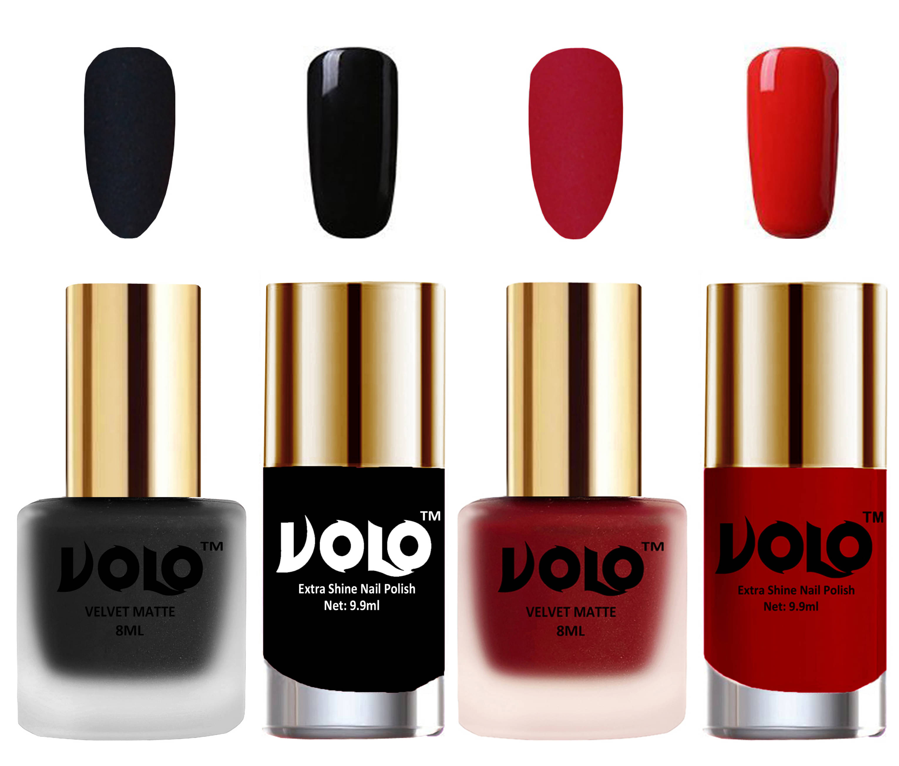     			VOLO Extra Shine AND Dull Velvet Matte Nail Polish Black,Red,Black, Orange Matte Pack of 4 36 mL