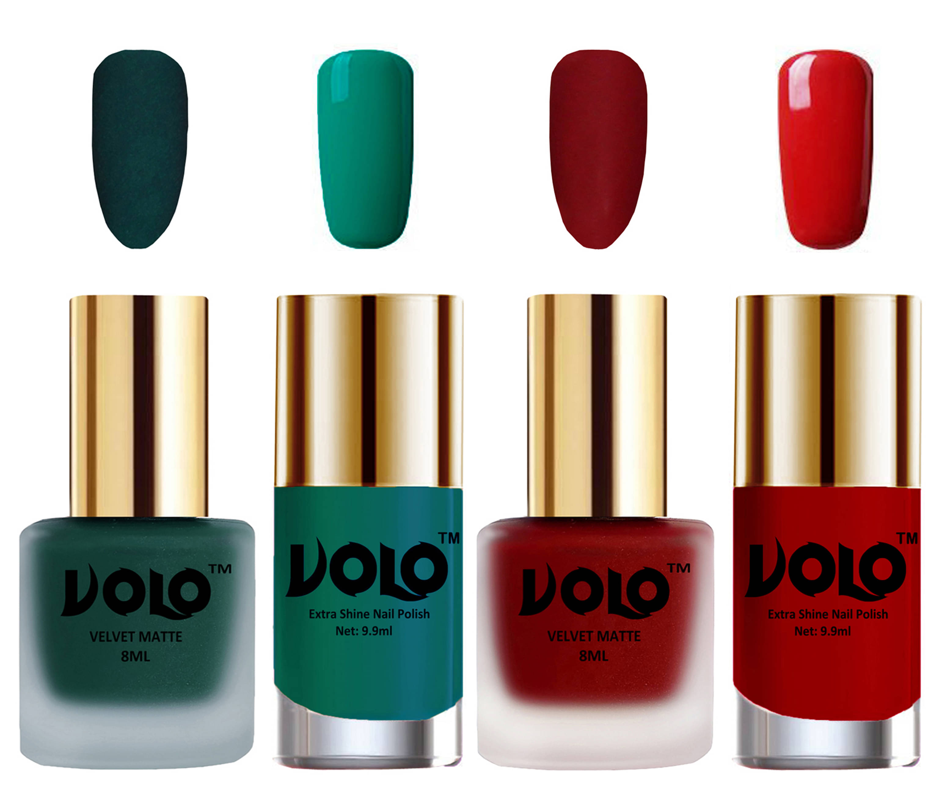 VOLO Extra Shine AND Dull Velvet Matte Nail Polish Green,Red,Green, Red Glossy Pack of 4 36 mL VOLO Extra Shine AND Dull Velvet Matte Nail Polish Green,Red,Green, Red Glossy Pack of 4 36 mL