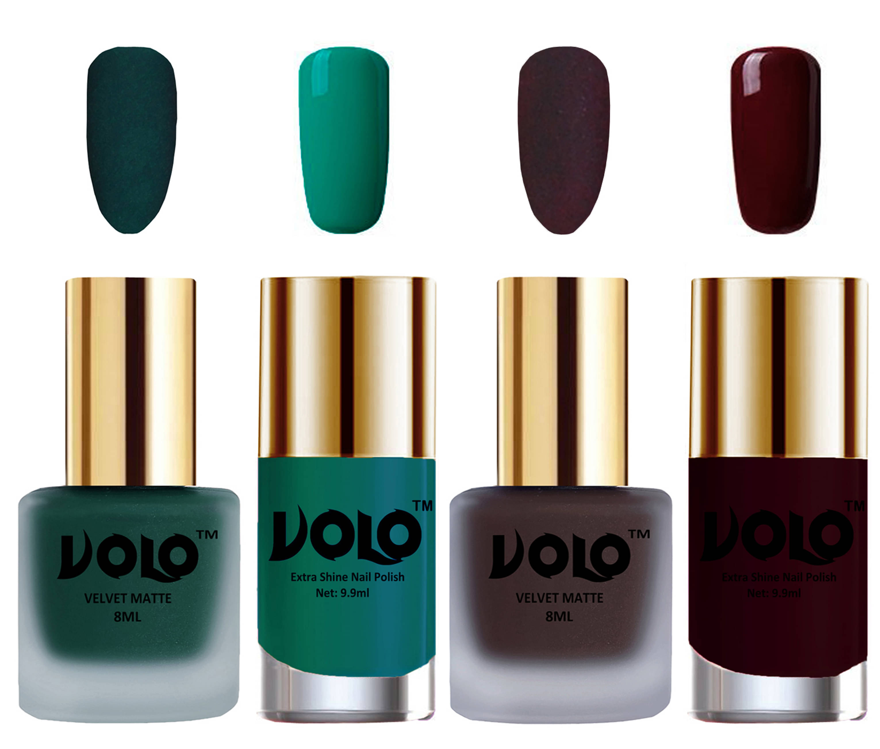 VOLO Extra Shine AND Dull Velvet Matte Nail Polish Green,Coffee,Green, Maroon Matte Pack of 4 36 mL     			VOLO Extra Shine AND Dull Velvet Matte Nail Polish Green,Coffee,Green, Maroon Matte Pack of 4 36 mL
