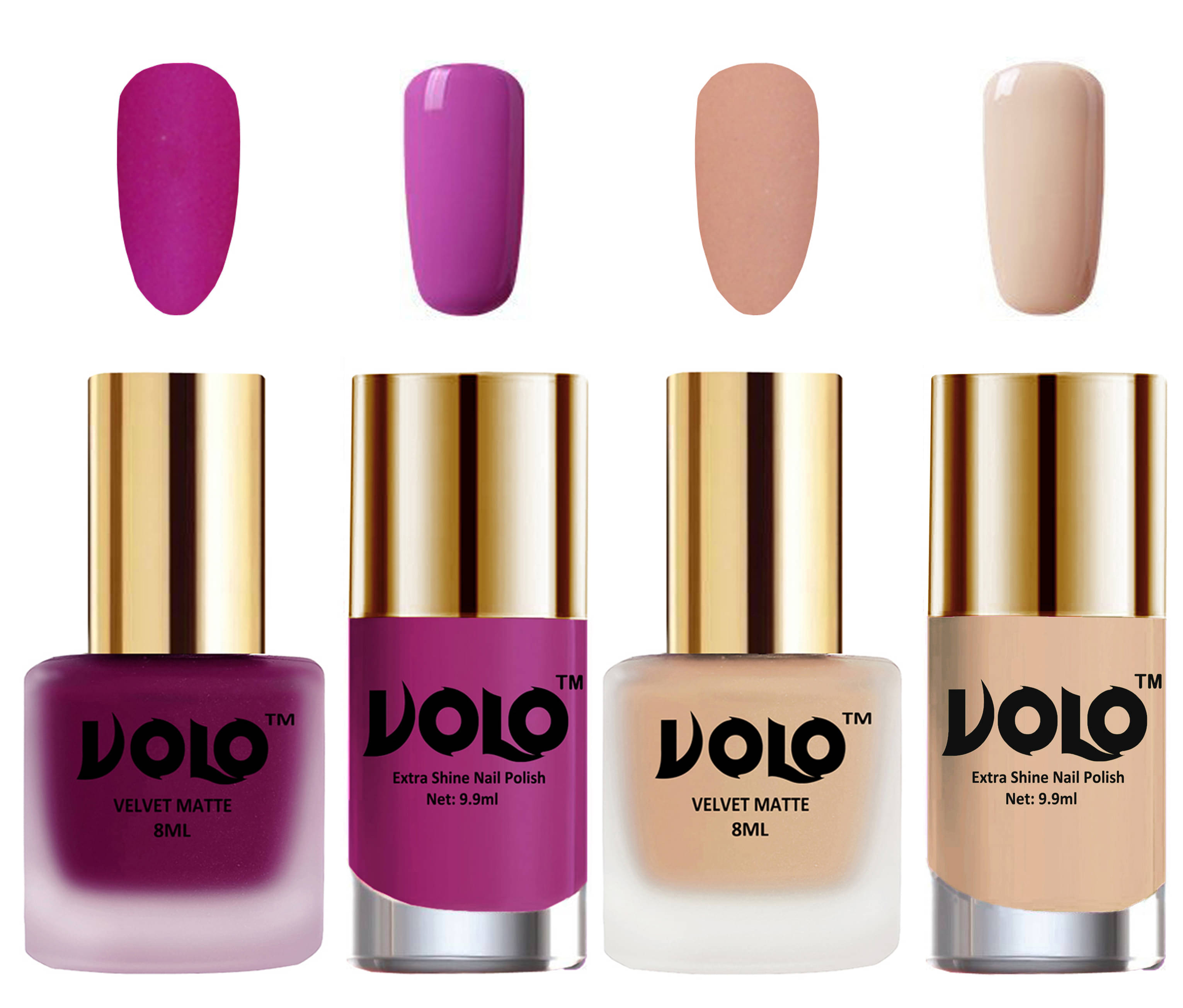 VOLO Extra Shine AND Dull Velvet Matte Nail Polish Magenta,Nude,Pink, Nude Glossy Pack of 4 36 mL VOLO Extra Shine AND Dull Velvet Matte Nail Polish Magenta,Nude,Pink, Nude Glossy Pack of 4 36 mL
