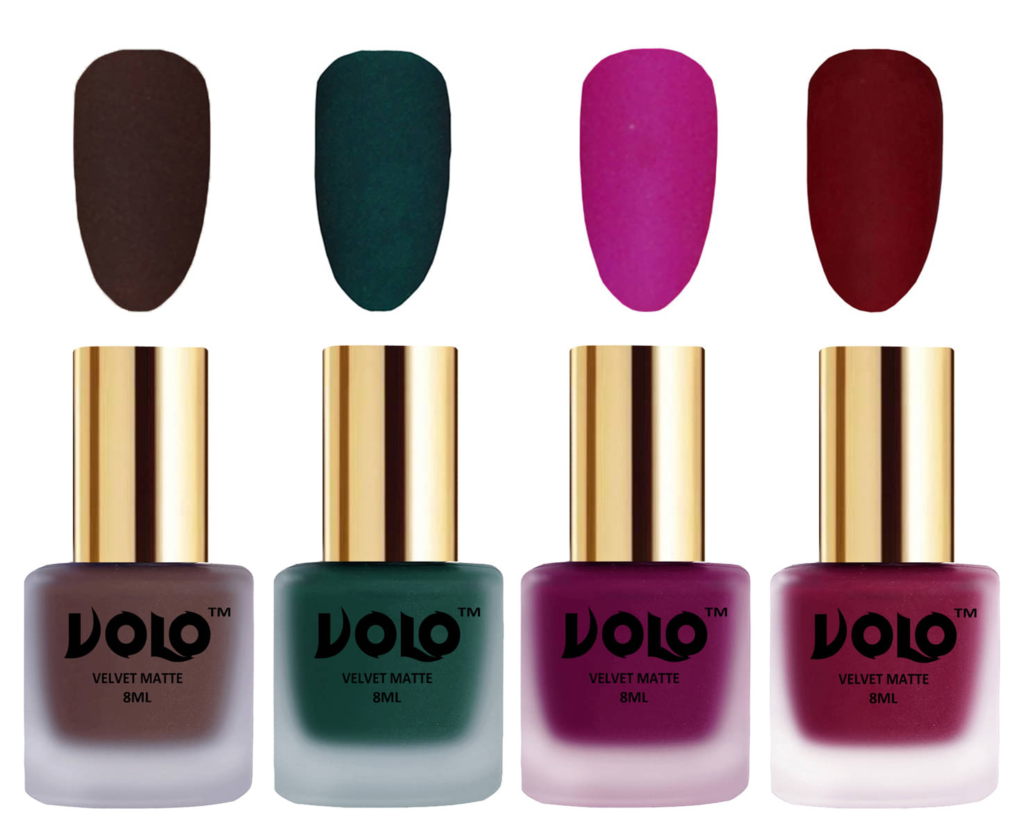 VOLO Velvet Dull Matte Posh Shades Nail Polish Brown,Green,Magenta, Red Pack of 4 32 mL     			VOLO Velvet Dull Matte Posh Shades Nail Polish Brown,Green,Magenta, Red Pack of 4 32 mL
