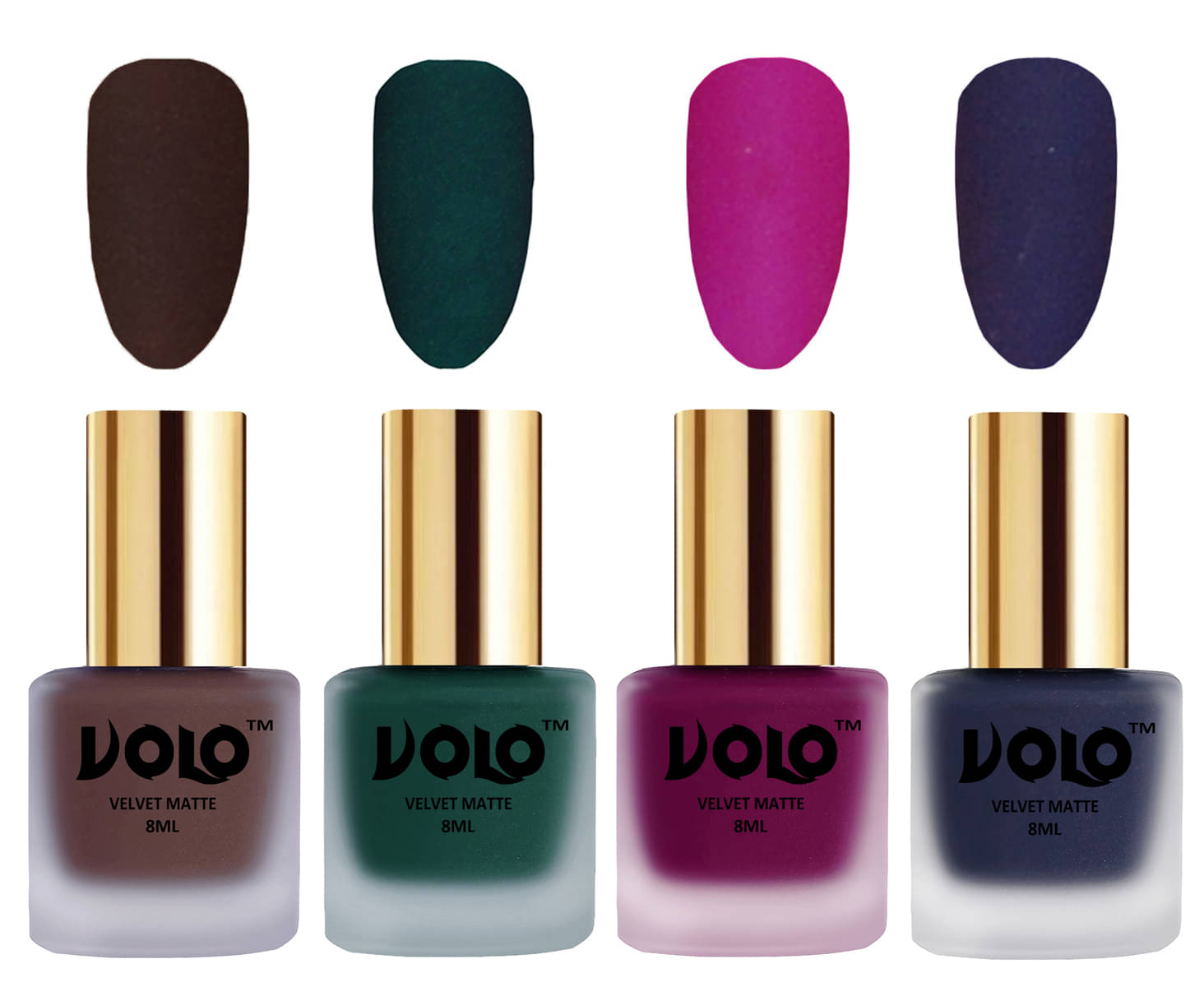 VOLO Velvet Dull Matte Posh Shades Nail Polish Brown,Green,Magenta, Blue Pack of 4 32 mL VOLO Velvet Dull Matte Posh Shades Nail Polish Brown,Green,Magenta, Blue Pack of 4 32 mL