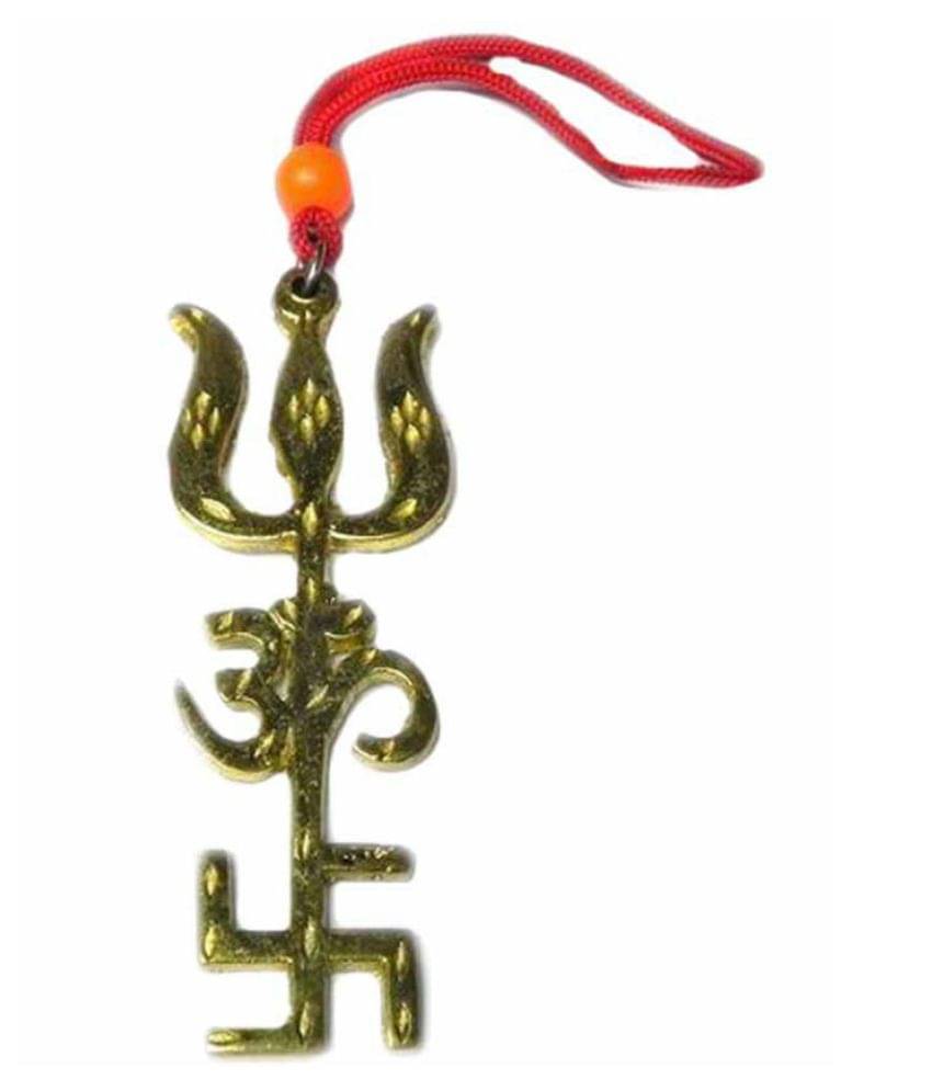     			Golden Tri-shakti swastik Om Trishul Symbol Yantra with Gold Plated Laxmi Ganesh Coin