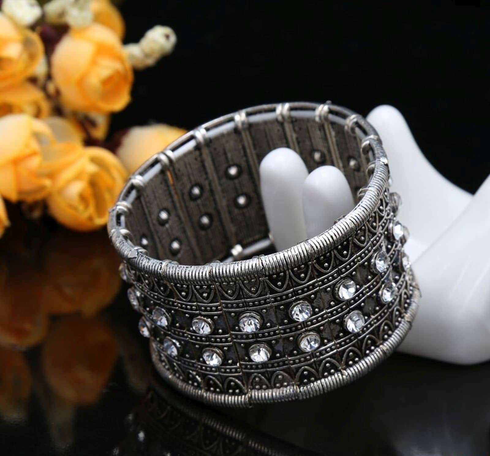 The Jewelbox® Tribal Tibetan Afghani Bohemian Oxidised German Silver Free Size Stretchable Bangle Bracelet Women - Bangles & Bracelets | Buy online on ZillyBuy