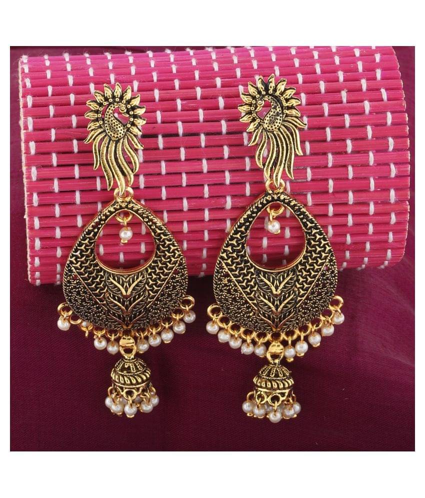    			Silver Shine Facinating Golden Peacock Stud  Dangle Earrings.