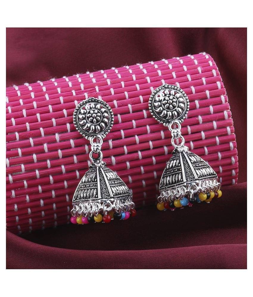     			Silver Shine Pretty Multicolor Round Triangle Jhumki Earrings.