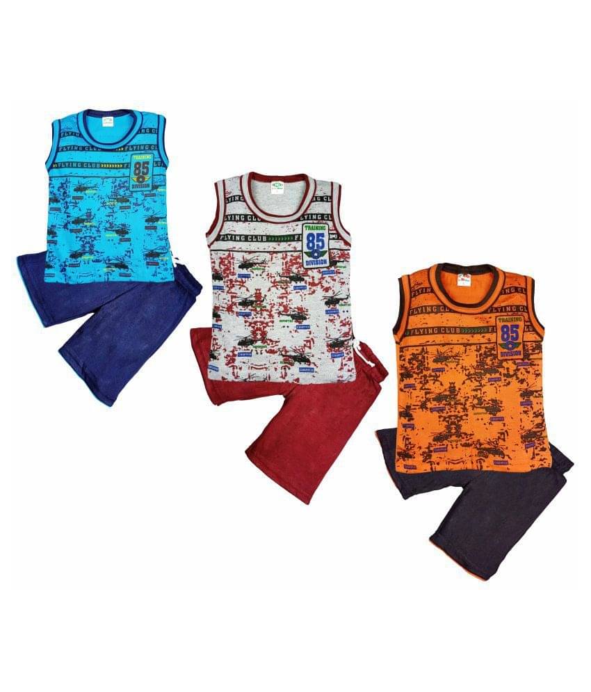 Jisha Boys Round Neck Sleeveless T-Shirt with Shorts Set of 3 Jisha Boys Round Neck Sleeveless T-Shirt with Shorts Set of 3
