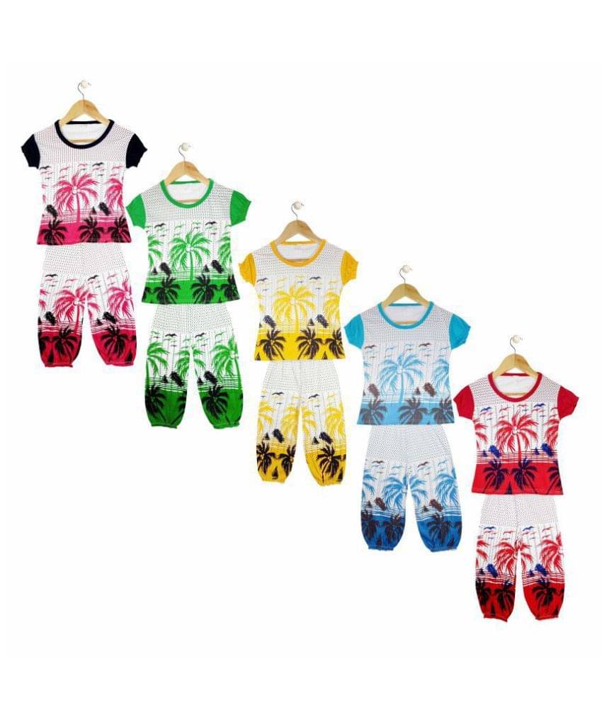     			Jisha Multicolor Girls Tshirt and 3/4th Capri Set of 5
