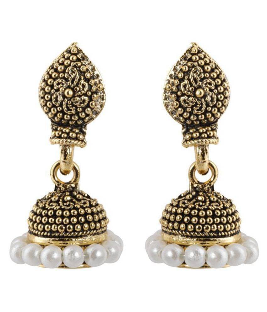     			Silver Shine Lovely White Beads with Golden Dots  Jhumki Earrings.