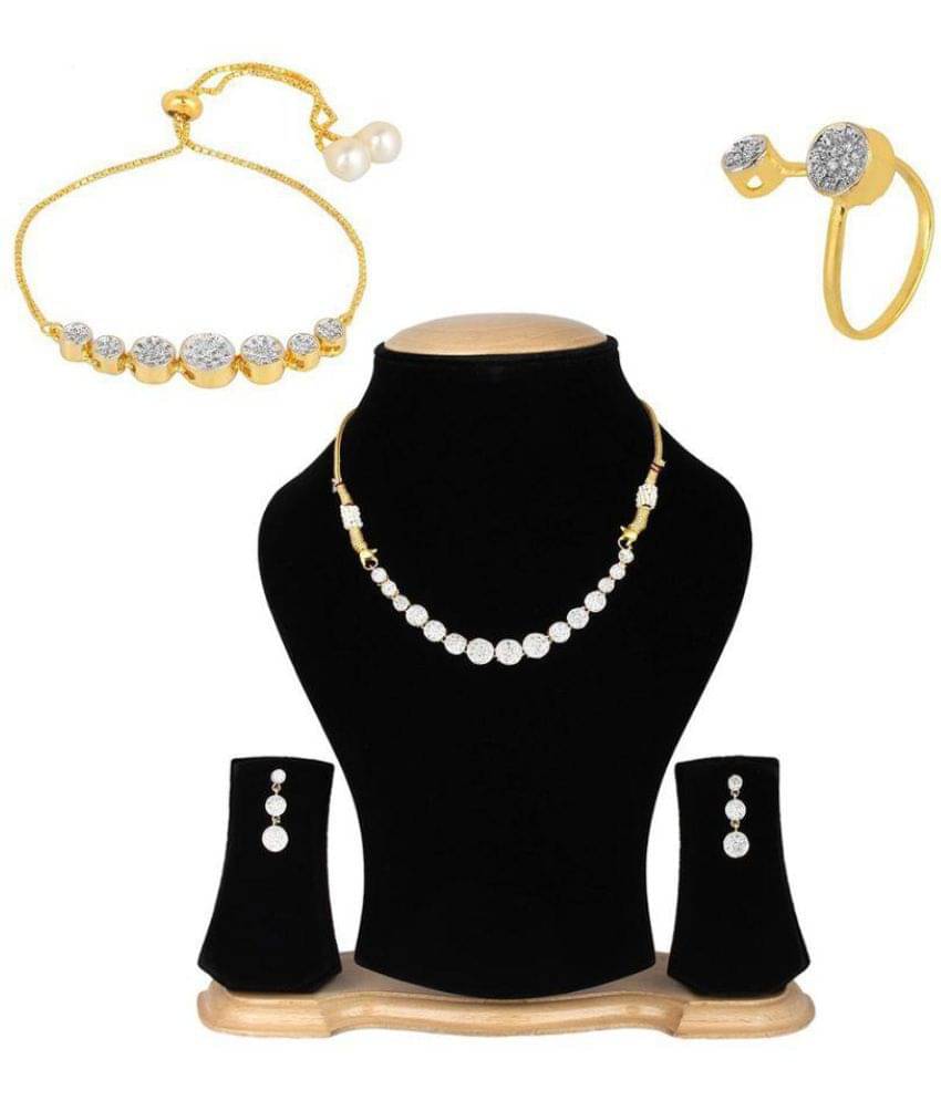     			Zeneme American Diamond Party Wear Traditional Stylish Fashion Jewellerry Combo of Necklace Pendant Set/Ring /Bracelet with Earring for Women/Girls