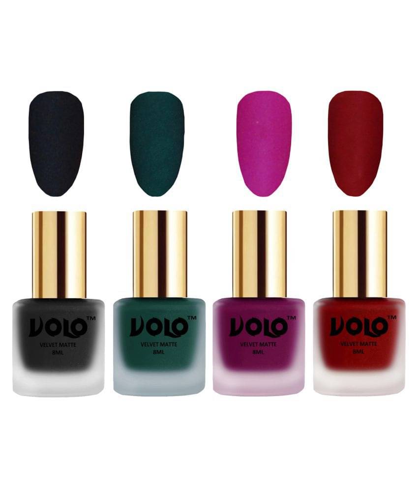VOLO Velvet Dull Matte Posh Shades Nail Polish Black,Green,Magenta, Red Matte Pack of 4 32 mL     			VOLO Velvet Dull Matte Posh Shades Nail Polish Black,Green,Magenta, Red Matte Pack of 4 32 mL