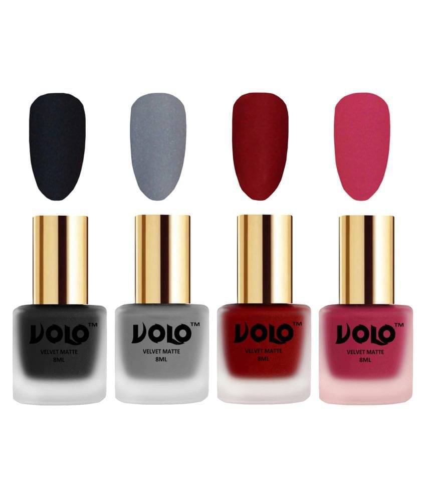     			VOLO Velvet Dull Matte Posh Shades Nail Polish Black,Grey,Red, Pink Matte Pack of 4 32 mL