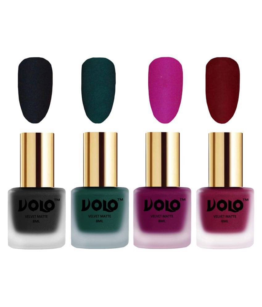 VOLO Velvet Dull Matte Posh Shades Nail Polish Black,Green,Magenta, Red Matte Pack of 4 32 mL     			VOLO Velvet Dull Matte Posh Shades Nail Polish Black,Green,Magenta, Red Matte Pack of 4 32 mL