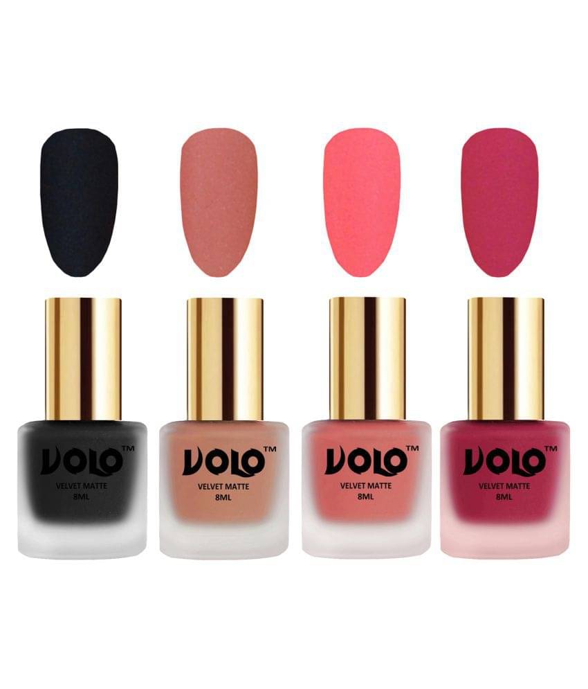     			VOLO Velvet Dull Matte Posh Shades Nail Polish Black,Peach,Peach, Pink Matte Pack of 4 32 mL