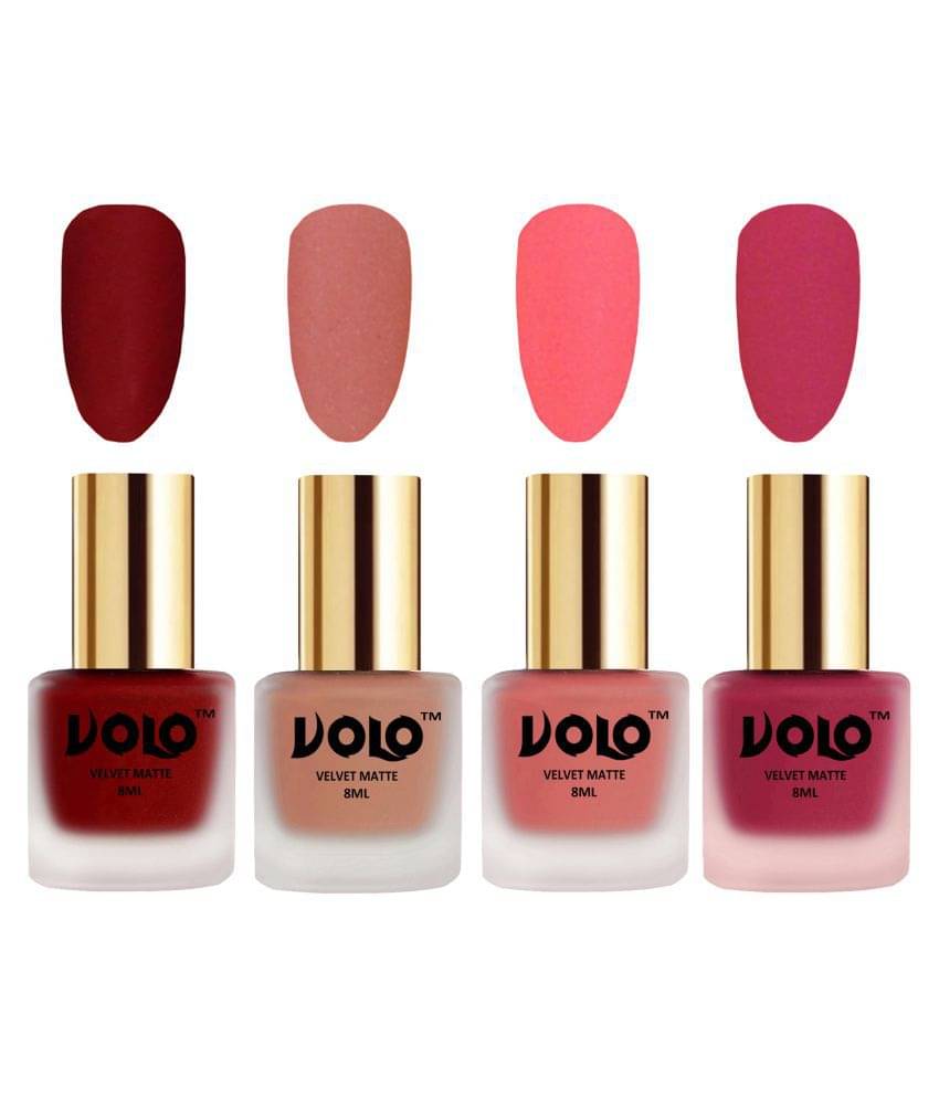     			VOLO Velvet Dull Matte Posh Shades Nail Polish Red,Peach,Peach, Pink Matte Pack of 4 32 mL