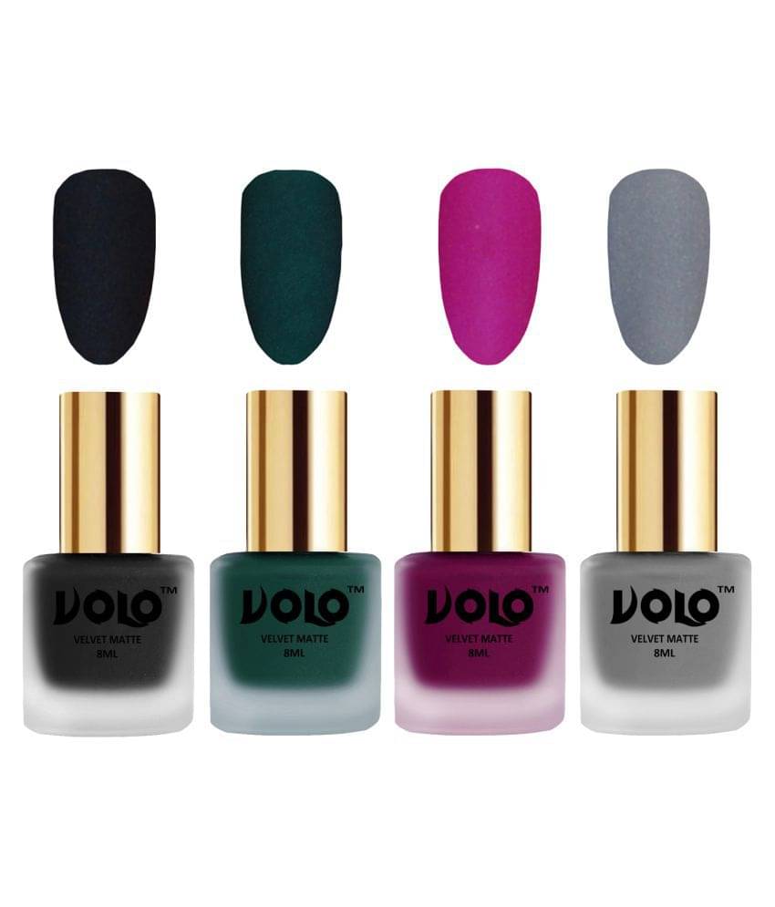 VOLO Velvet Dull Matte Posh Shades Nail Polish Black,Green,Magenta, Grey Matte Pack of 4 32 mL     			VOLO Velvet Dull Matte Posh Shades Nail Polish Black,Green,Magenta, Grey Matte Pack of 4 32 mL