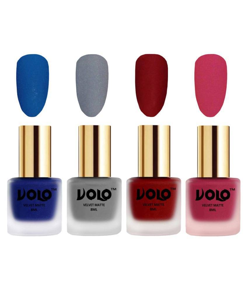     			VOLO Velvet Dull Matte Posh Shades Nail Polish Blue,Grey,Red, Pink Matte Pack of 4 32 mL