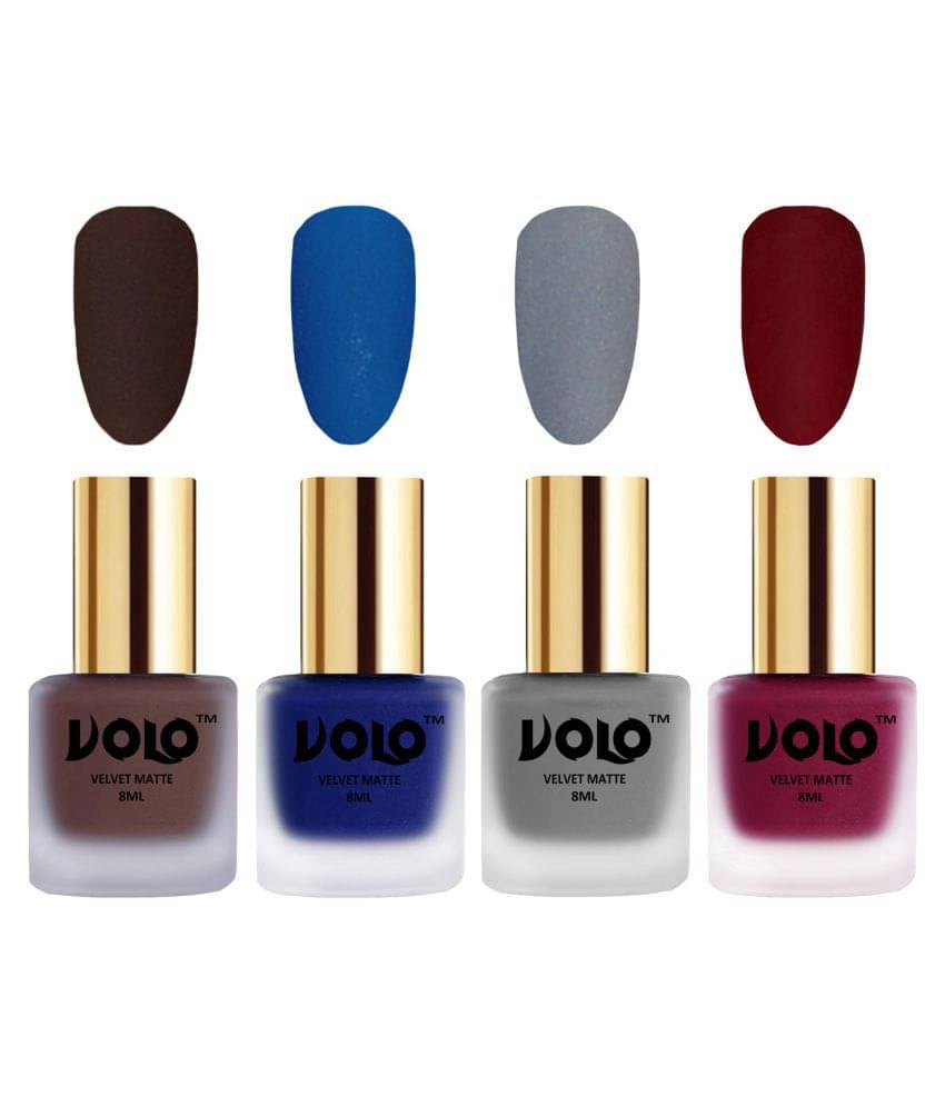     			VOLO Velvet Dull Matte Posh Shades Nail Polish Brown,Blue,Grey, Red Matte Pack of 4 32 mL