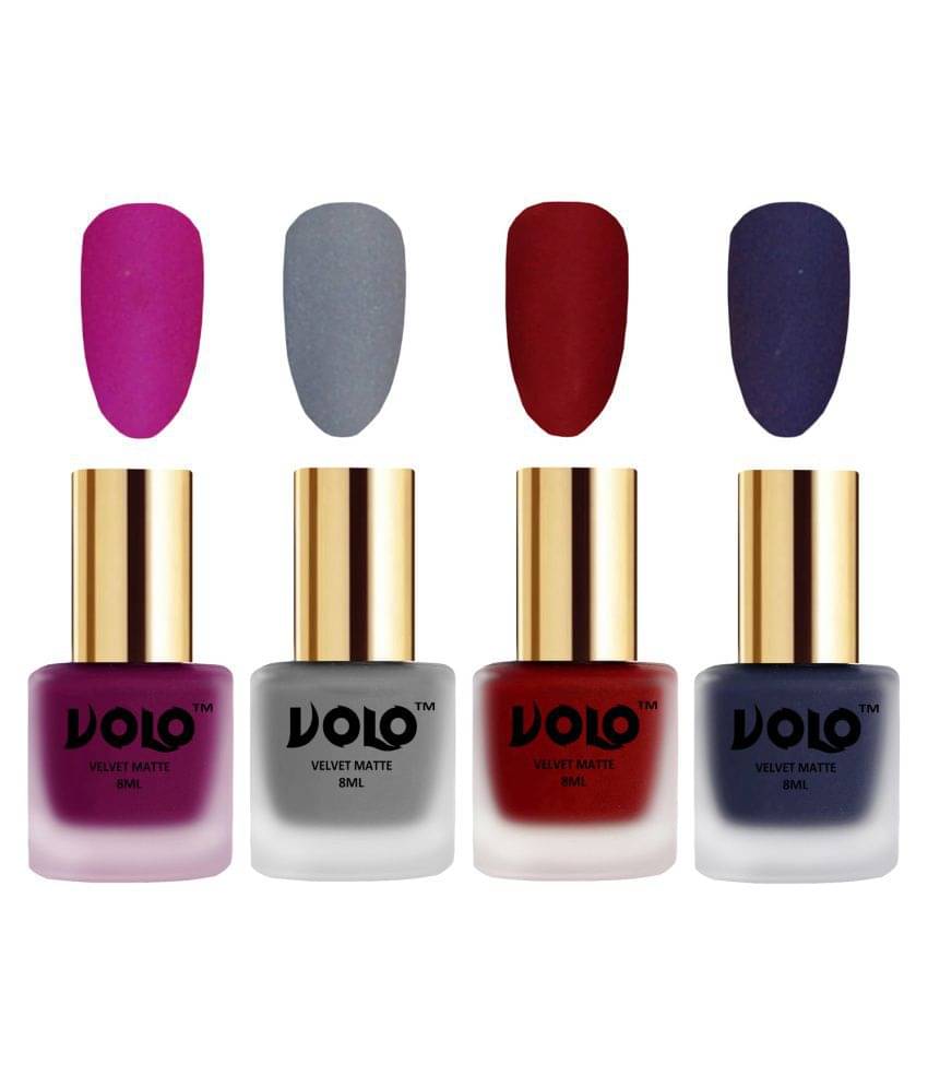     			VOLO Velvet Dull Matte Posh Shades Nail Polish Magenta,Grey,Red, Blue Matte Pack of 4 32 mL