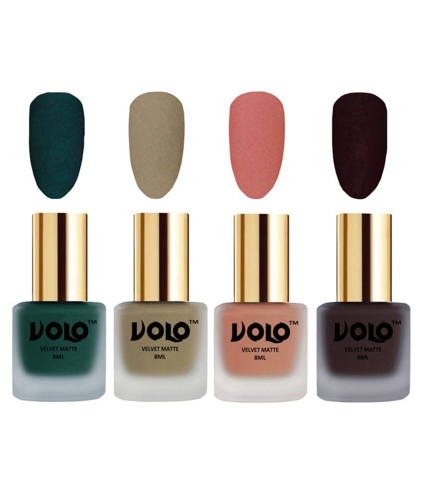 VOLO Velvet Dull Matte Posh Shades Nail Polish Green,Nude,Peach, Wine Matte Pack of 4 32 mL     			VOLO Velvet Dull Matte Posh Shades Nail Polish Green,Nude,Peach, Wine Matte Pack of 4 32 mL