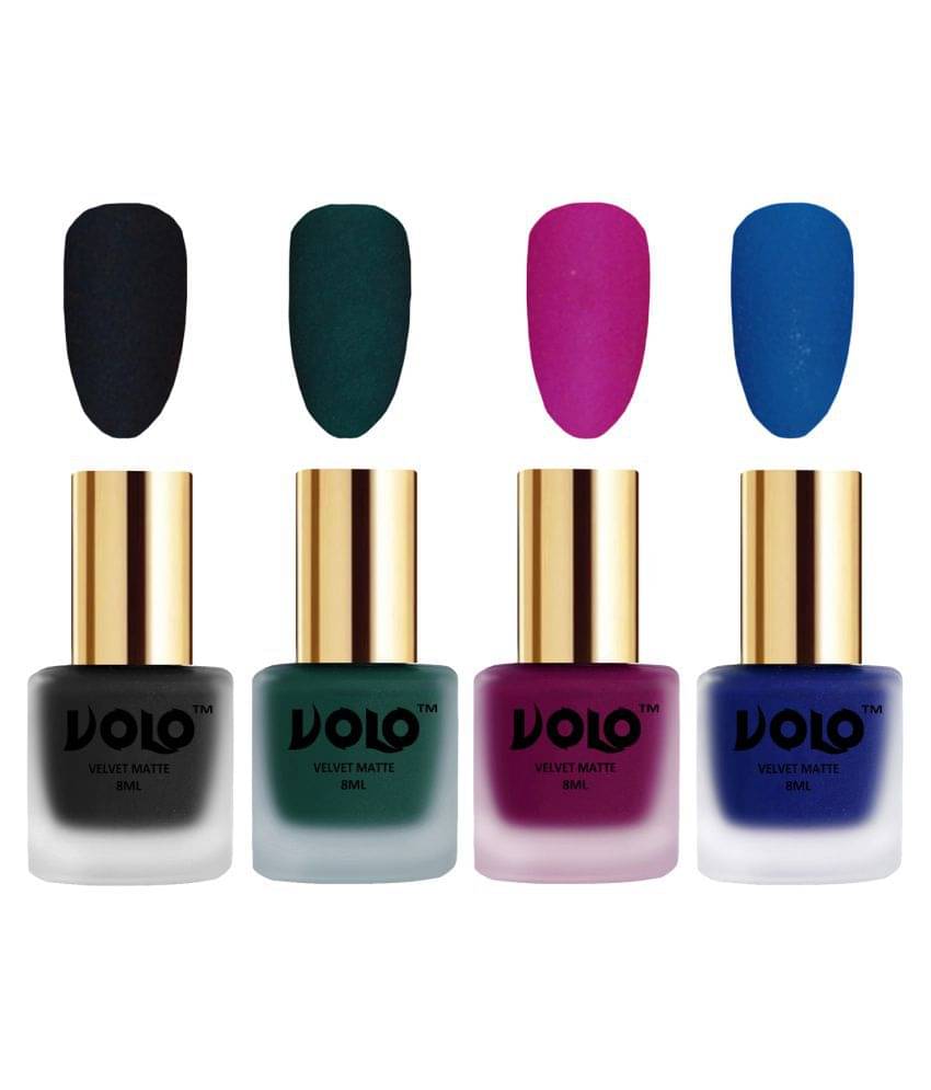 VOLO Velvet Dull Matte Posh Shades Nail Polish Black,Green,Magenta, Blue Matte Pack of 4 32 mL     			VOLO Velvet Dull Matte Posh Shades Nail Polish Black,Green,Magenta, Blue Matte Pack of 4 32 mL