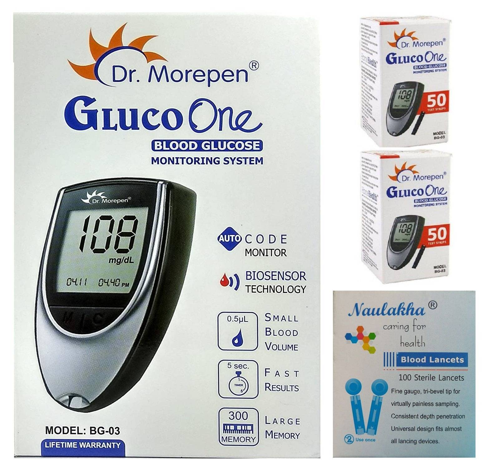 Dr. Morepen Glucometer + 100 Strips + 100 Naulakha Lancets Dr. Morepen Glucometer + 100 Strips + 100 Naulakha Lancets