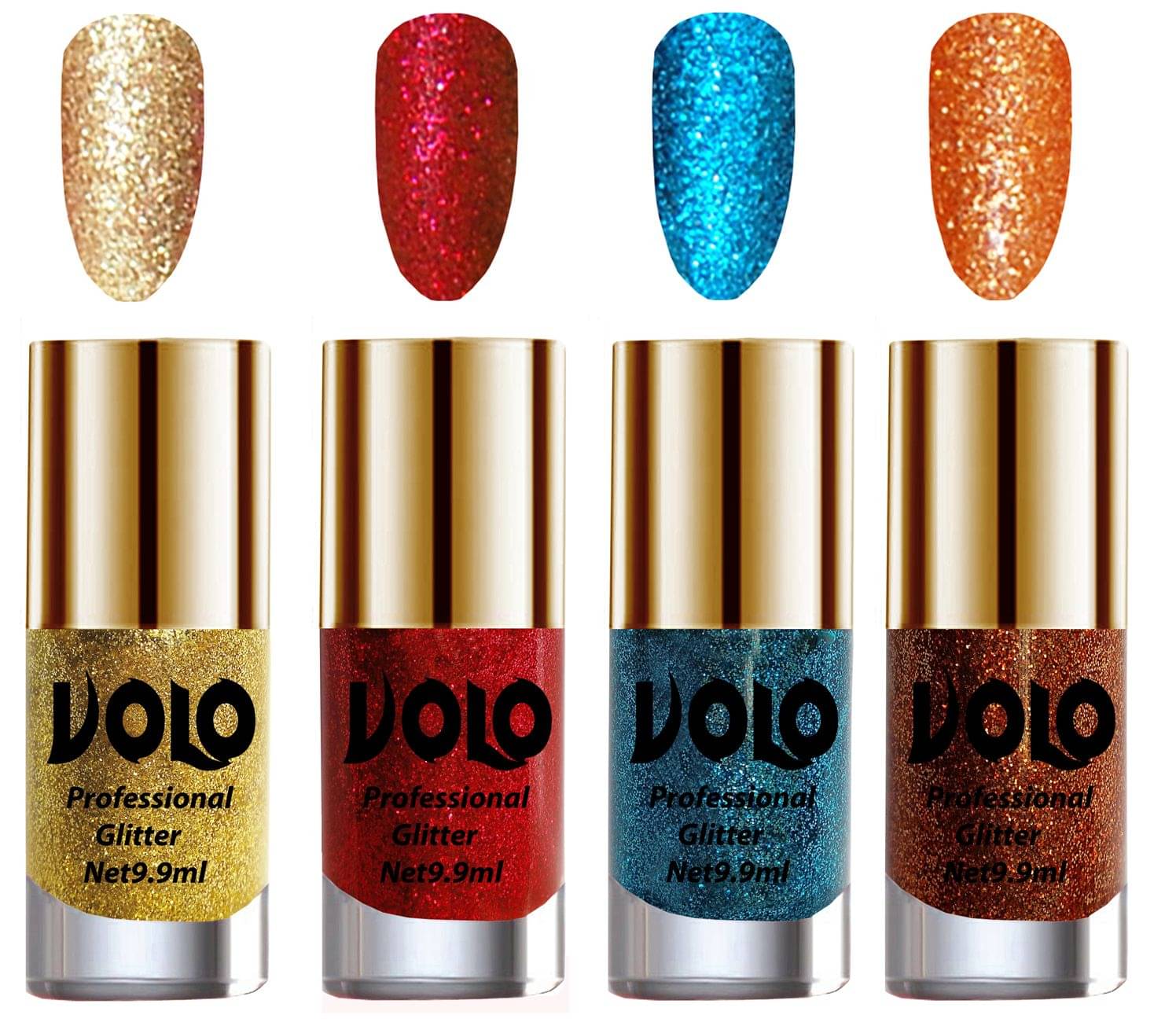 VOLO Professionally Used Glitter Shine Nail Polish Gold,Red,Blue Orange Pack of 4 39 mL VOLO Professionally Used Glitter Shine Nail Polish Gold,Red,Blue Orange Pack of 4 39 mL