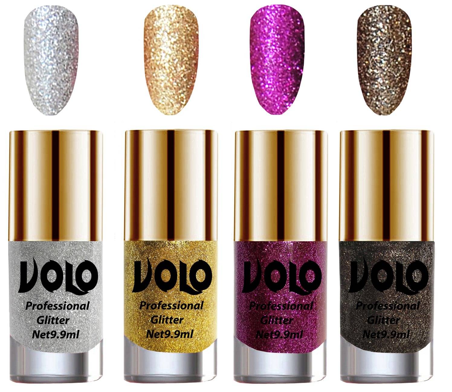 VOLO Professionally Used Glitter Shine Nail Polish Silver,Gold,Purple Grey Pack of 4 39 mL VOLO Professionally Used Glitter Shine Nail Polish Silver,Gold,Purple Grey Pack of 4 39 mL