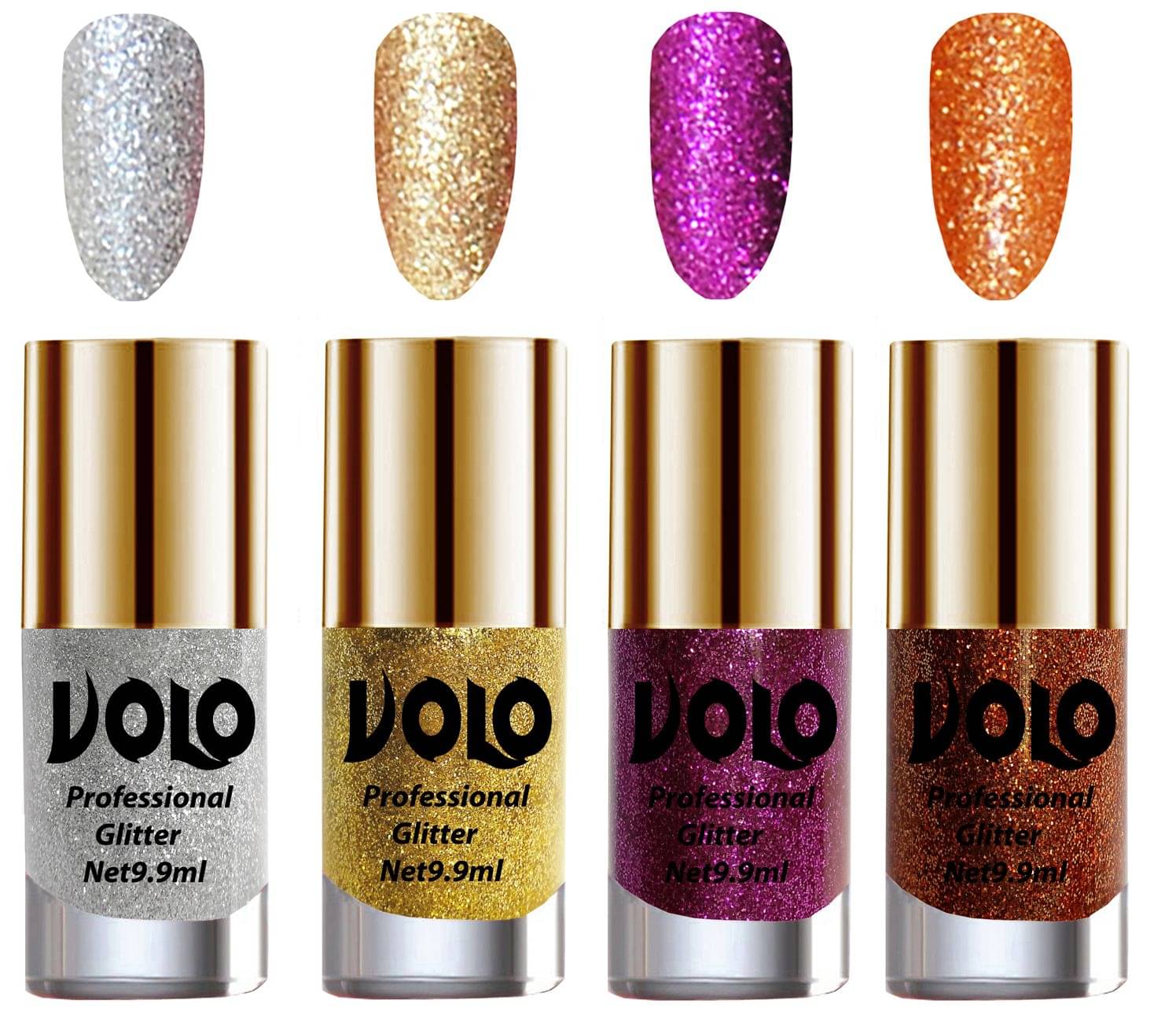     			VOLO Professionally Used Glitter Shine Nail Polish Silver,Gold,Purple Orange Pack of 4 39 mL