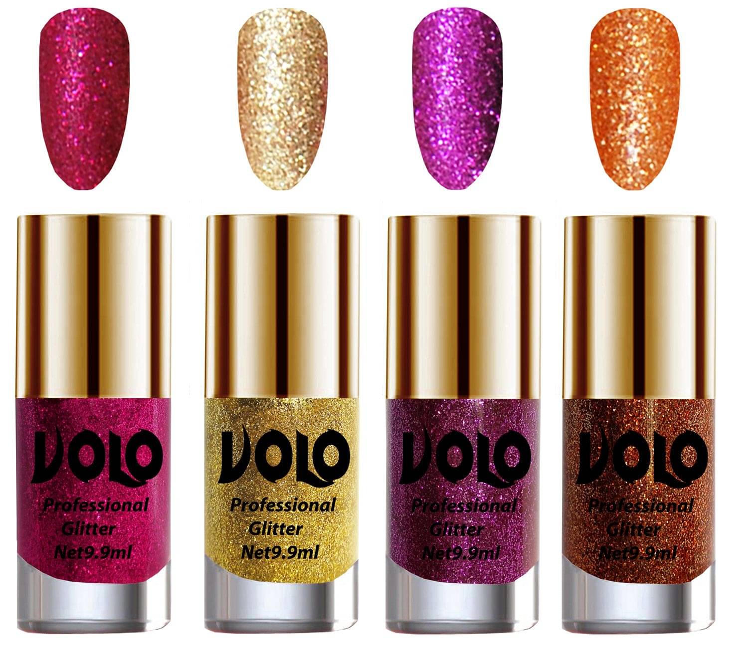 VOLO Professionally Used Glitter Shine Nail Polish Magenta,Gold,Purple Orange Pack of 4 39 mL     			VOLO Professionally Used Glitter Shine Nail Polish Magenta,Gold,Purple Orange Pack of 4 39 mL