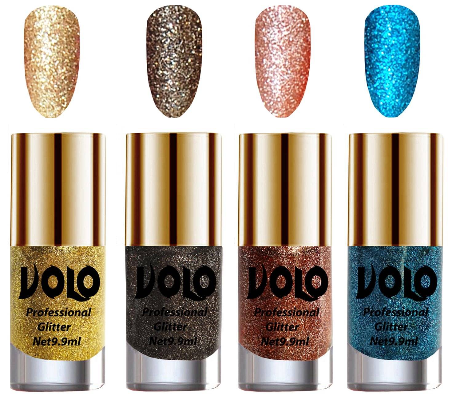 VOLO Professionally Used Glitter Shine Nail Polish Gold,Grey,Peach Blue Pack of 4 39 mL VOLO Professionally Used Glitter Shine Nail Polish Gold,Grey,Peach Blue Pack of 4 39 mL