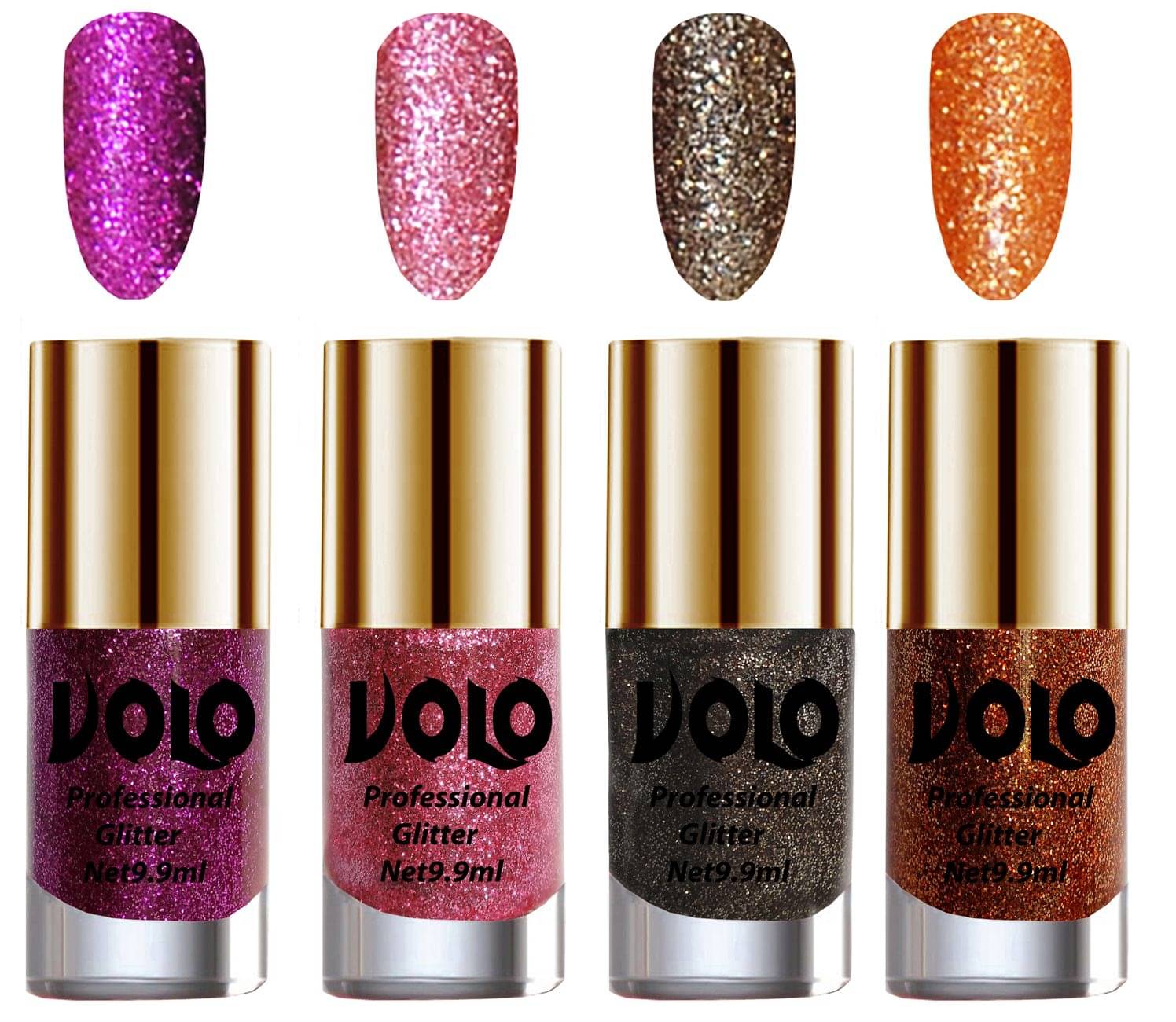     			VOLO Professionally Used Glitter Shine Nail Polish Purple,Pink,Grey Orange Pack of 4 39 mL
