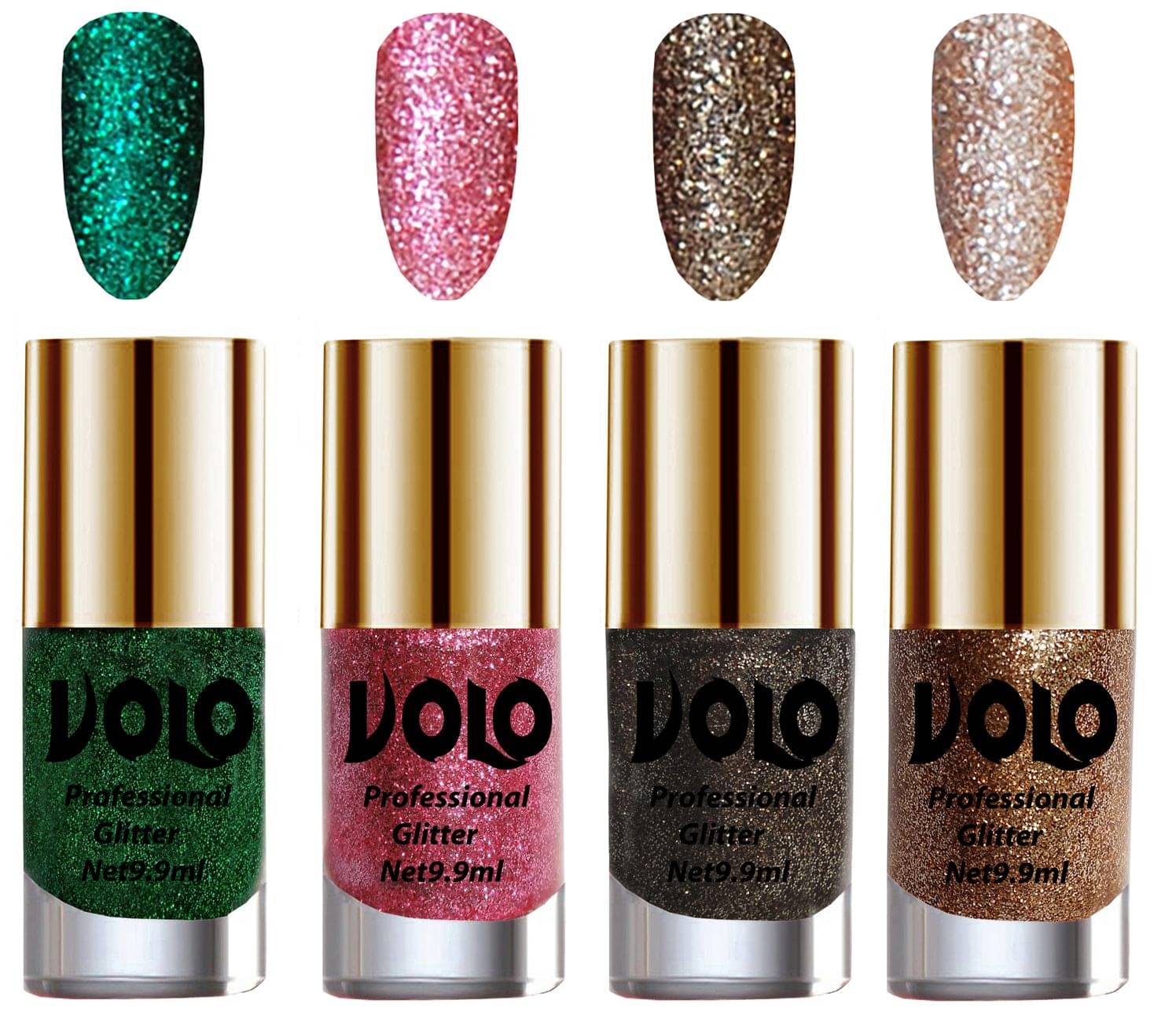 VOLO Professionally Used Glitter Shine Nail Polish Green,Pink,Grey Gold Pack of 4 39 mL VOLO Professionally Used Glitter Shine Nail Polish Green,Pink,Grey Gold Pack of 4 39 mL