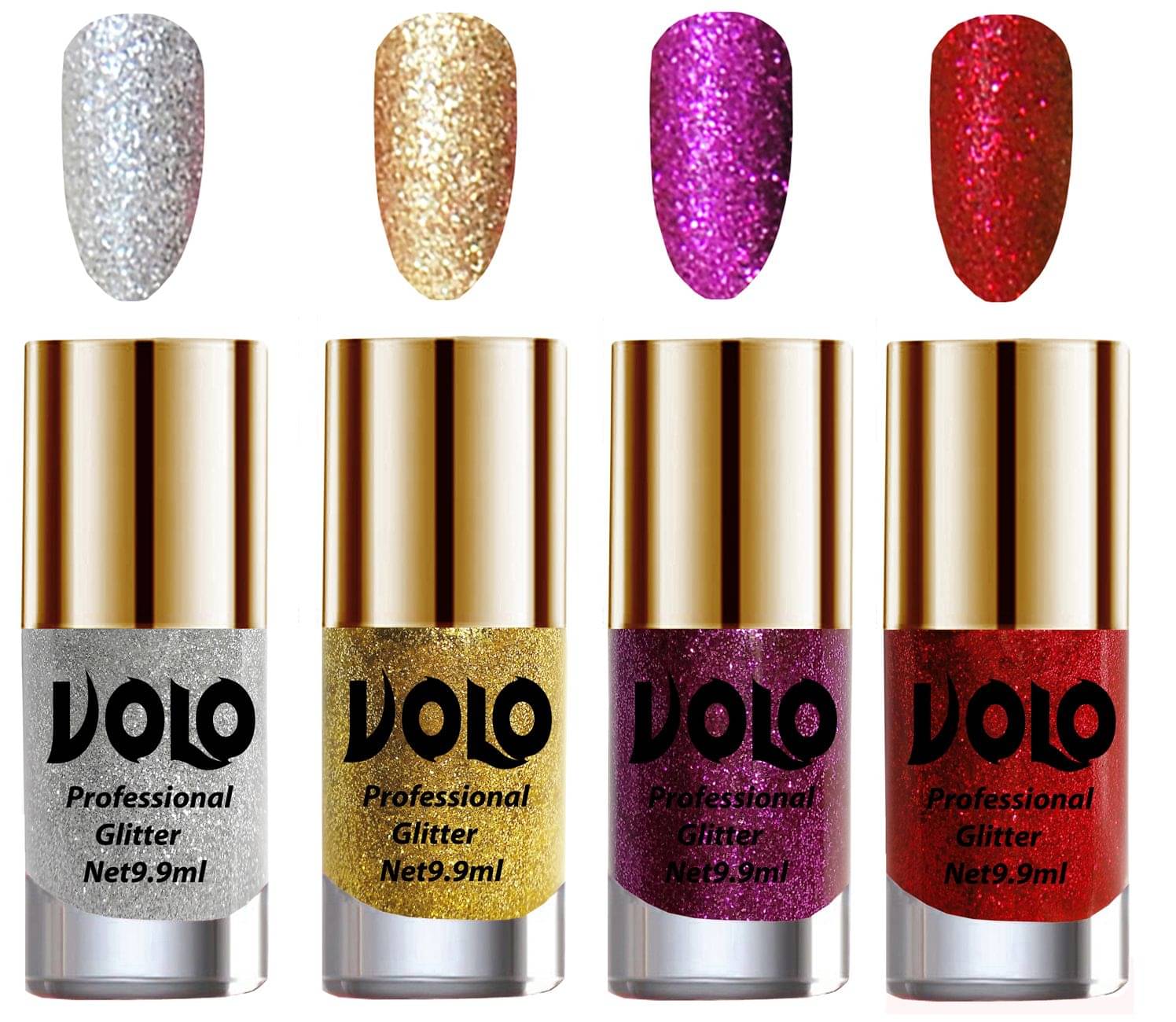 VOLO Professionally Used Glitter Shine Nail Polish Silver,Gold,Purple Red Pack of 4 39 mL     			VOLO Professionally Used Glitter Shine Nail Polish Silver,Gold,Purple Red Pack of 4 39 mL