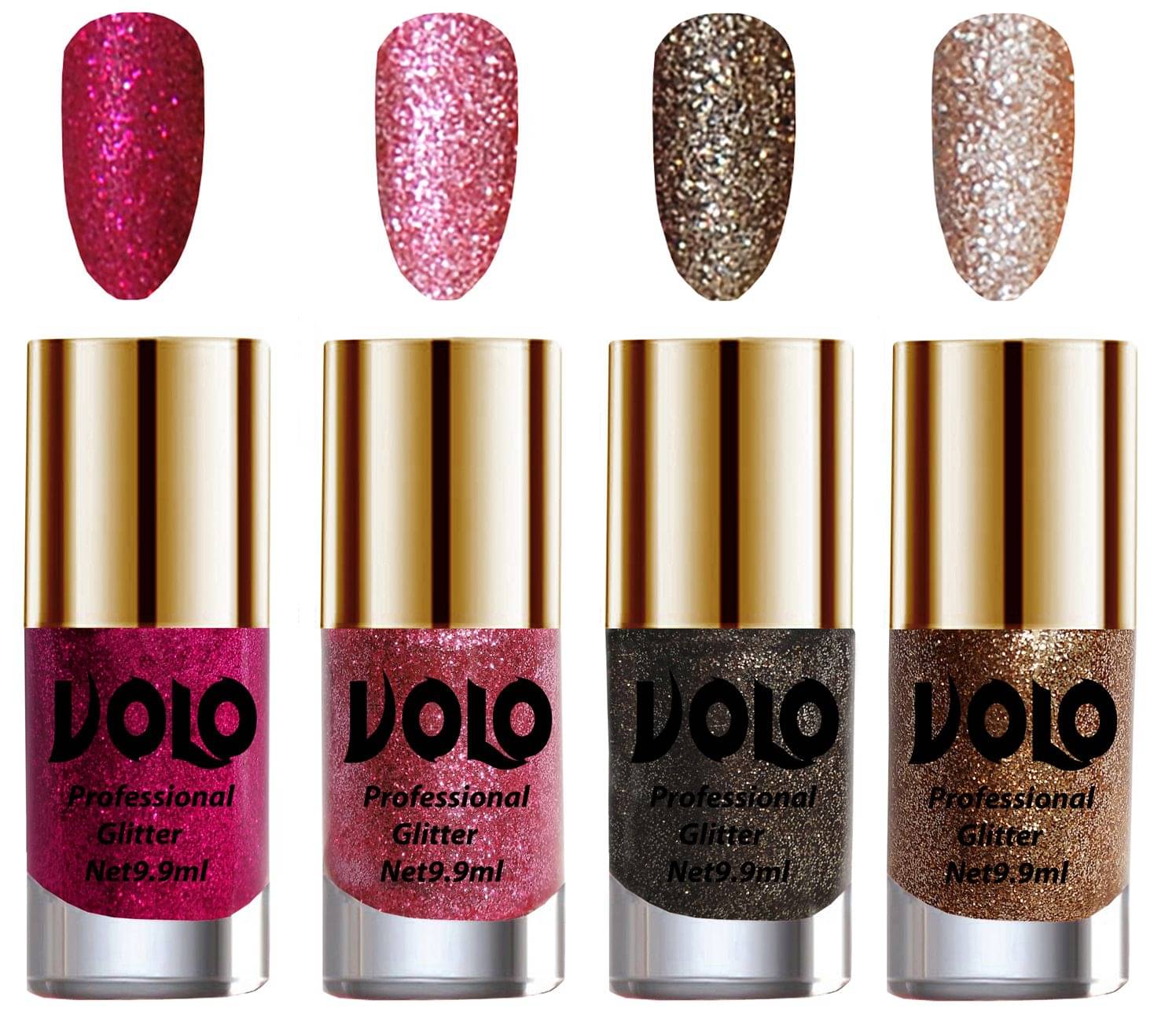 VOLO Professionally Used Glitter Shine Nail Polish Magenta,Pink,Grey Gold Pack of 4 39 mL VOLO Professionally Used Glitter Shine Nail Polish Magenta,Pink,Grey Gold Pack of 4 39 mL