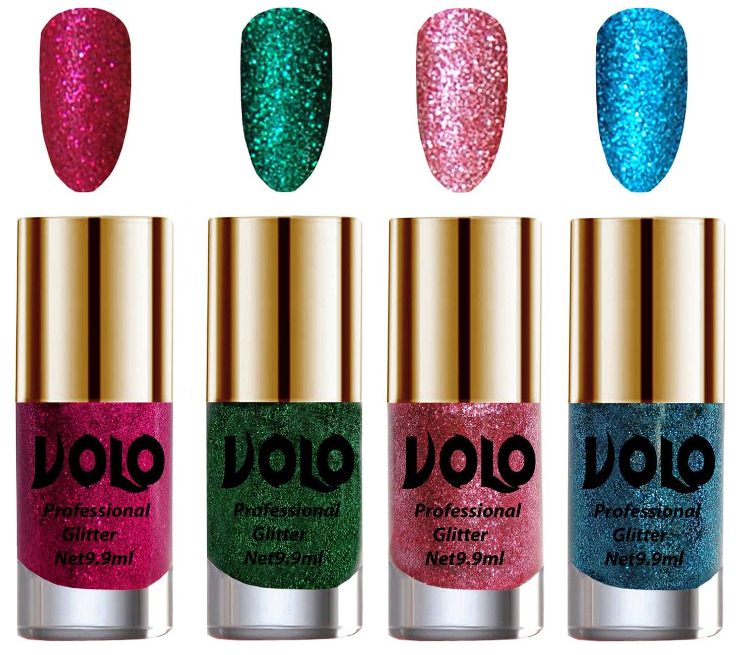 VOLO Professionally Used Glitter Shine Nail Polish Magenta,Green,Pink Blue Pack of 4 39 mL VOLO Professionally Used Glitter Shine Nail Polish Magenta,Green,Pink Blue Pack of 4 39 mL