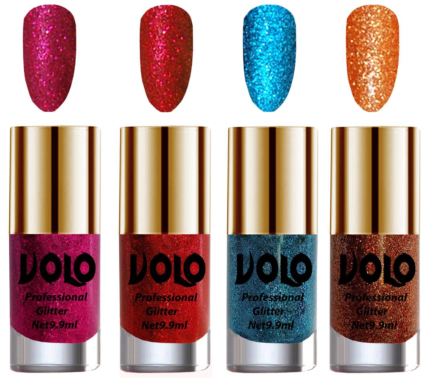     			VOLO Professionally Used Glitter Shine Nail Polish Magenta,Red,Blue Orange Pack of 4 39 mL