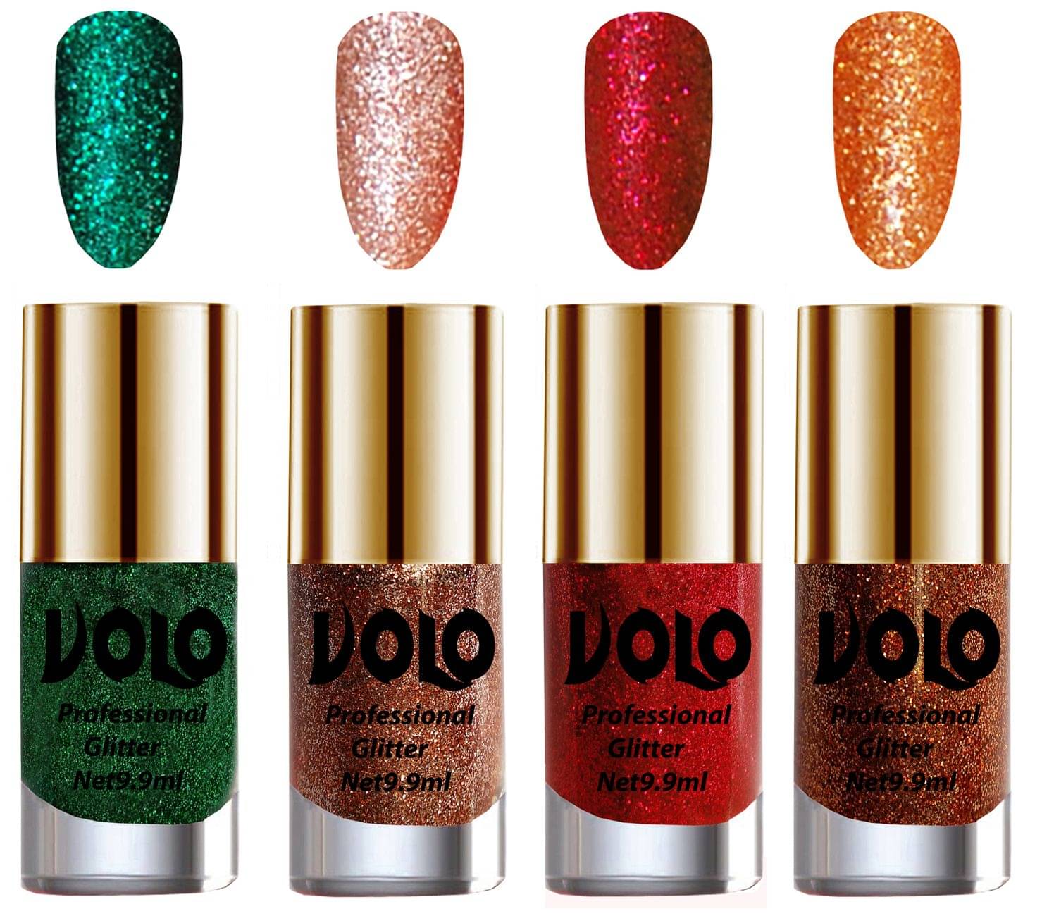     			VOLO Professionally Used Glitter Shine Nail Polish Green,Peach,Red Orange Pack of 4 39 mL