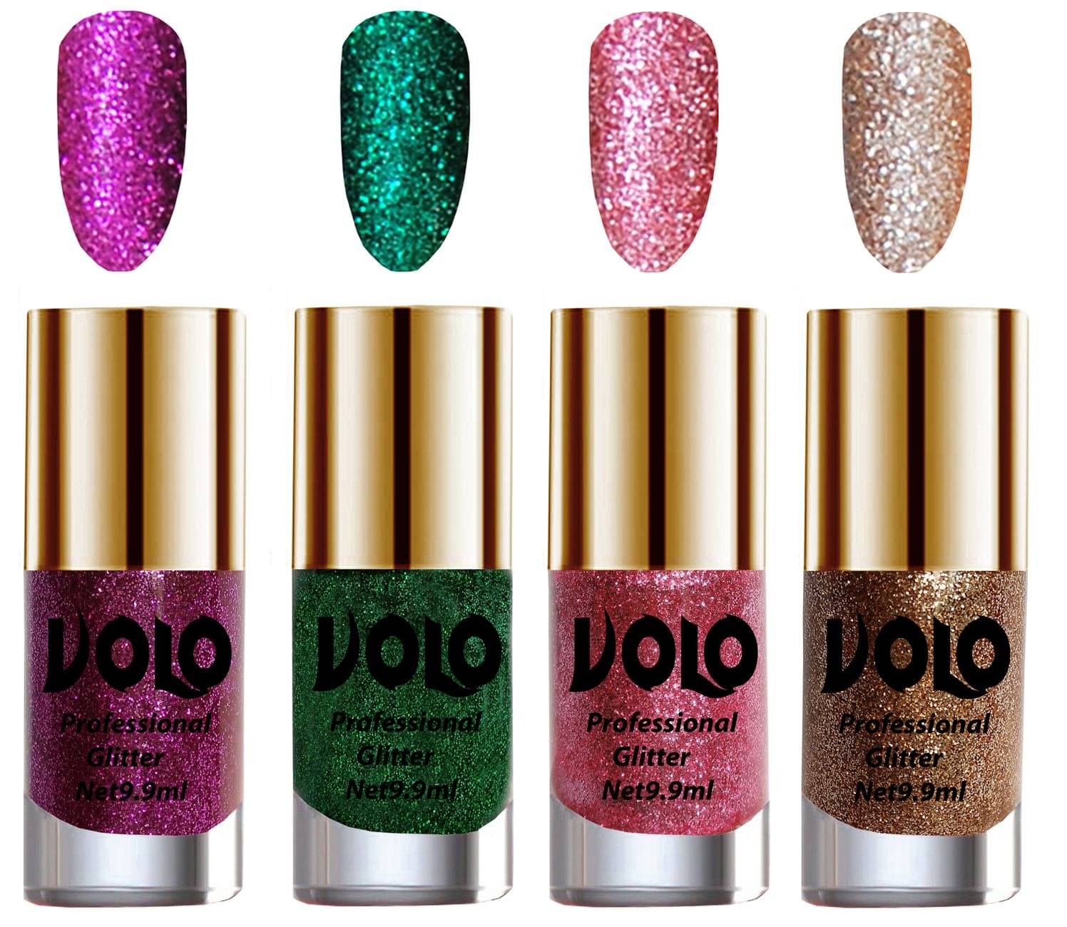 VOLO Professionally Used Glitter Shine Nail Polish Purple,Green,Pink Gold Pack of 4 39 mL VOLO Professionally Used Glitter Shine Nail Polish Purple,Green,Pink Gold Pack of 4 39 mL