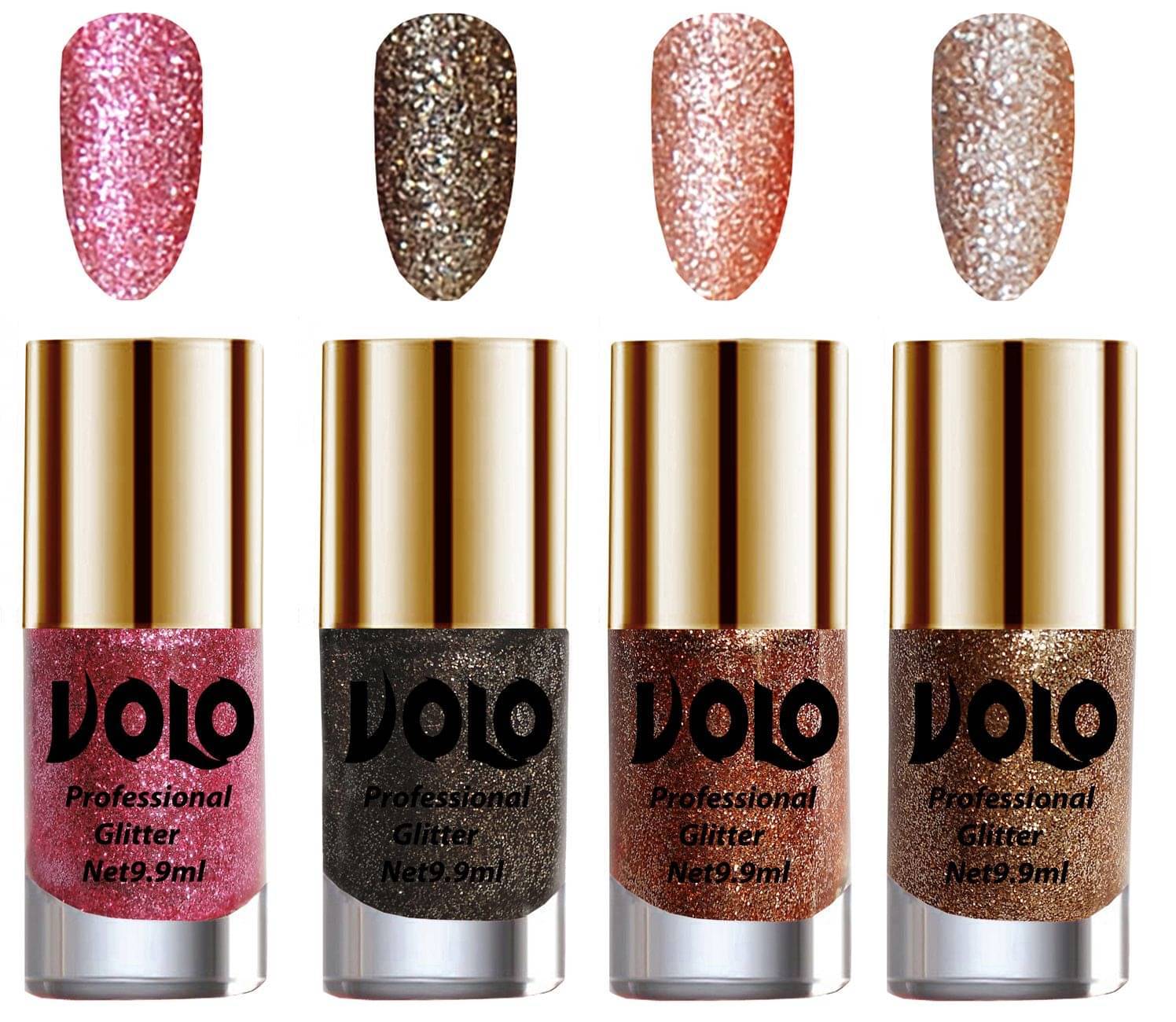     			VOLO Professionally Used Glitter Shine Nail Polish Pink,Grey,Peach Gold Pack of 4 39 mL