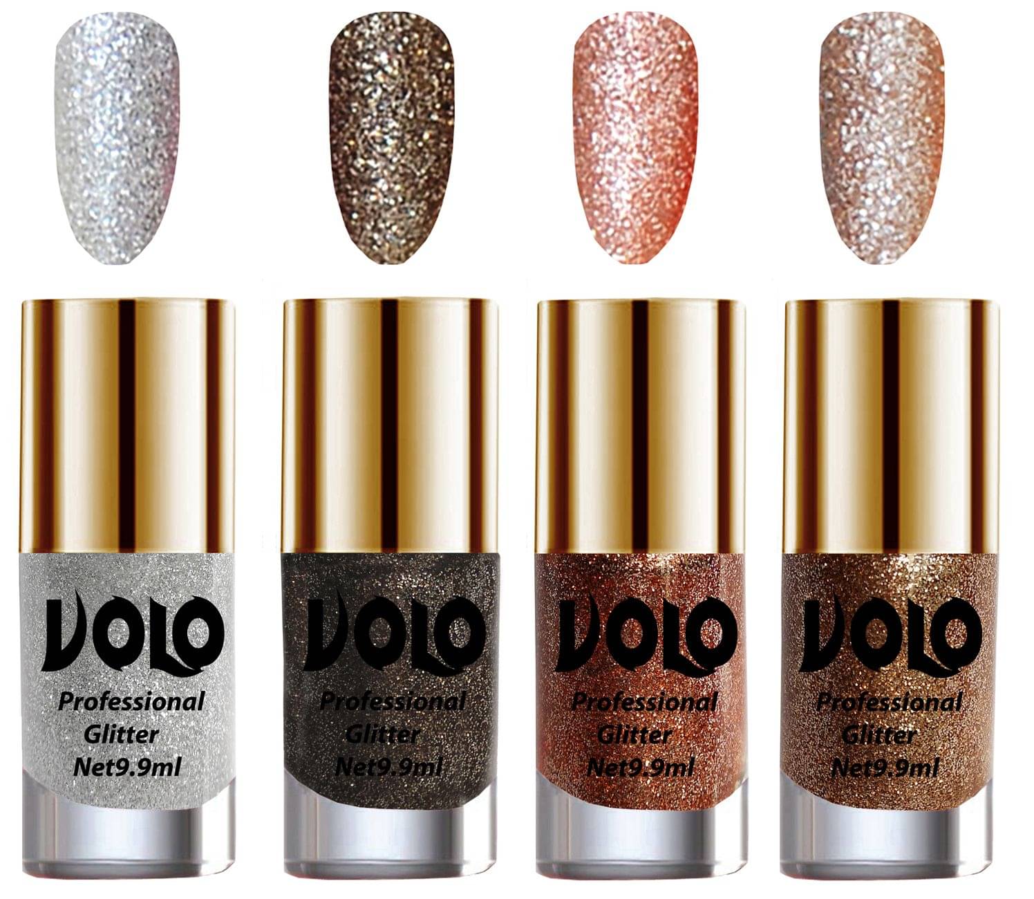 VOLO Professionally Used Glitter Shine Nail Polish Silver,Grey,Peach Gold Pack of 4 39 mL     			VOLO Professionally Used Glitter Shine Nail Polish Silver,Grey,Peach Gold Pack of 4 39 mL